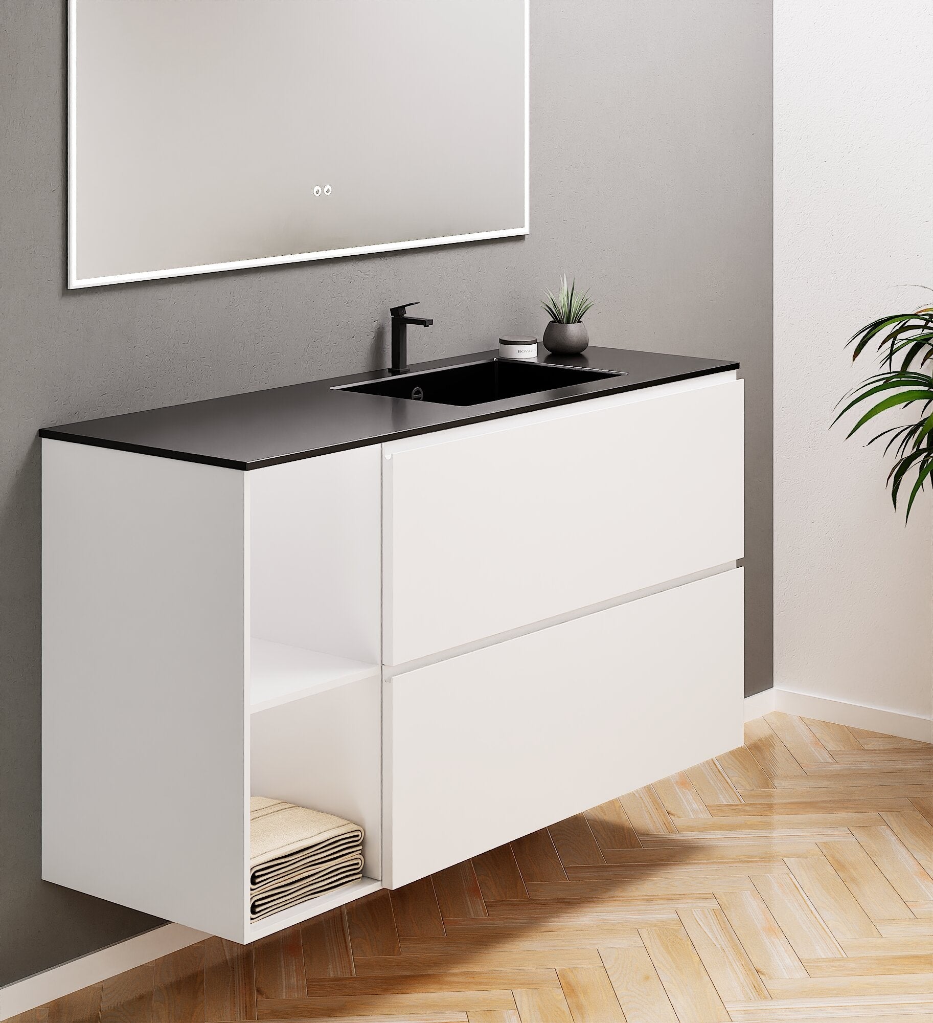 ALBA - Integrated single sink basin unit & 2 Stacked Drawers vanity unit 2 Side Shelves - Rovalux