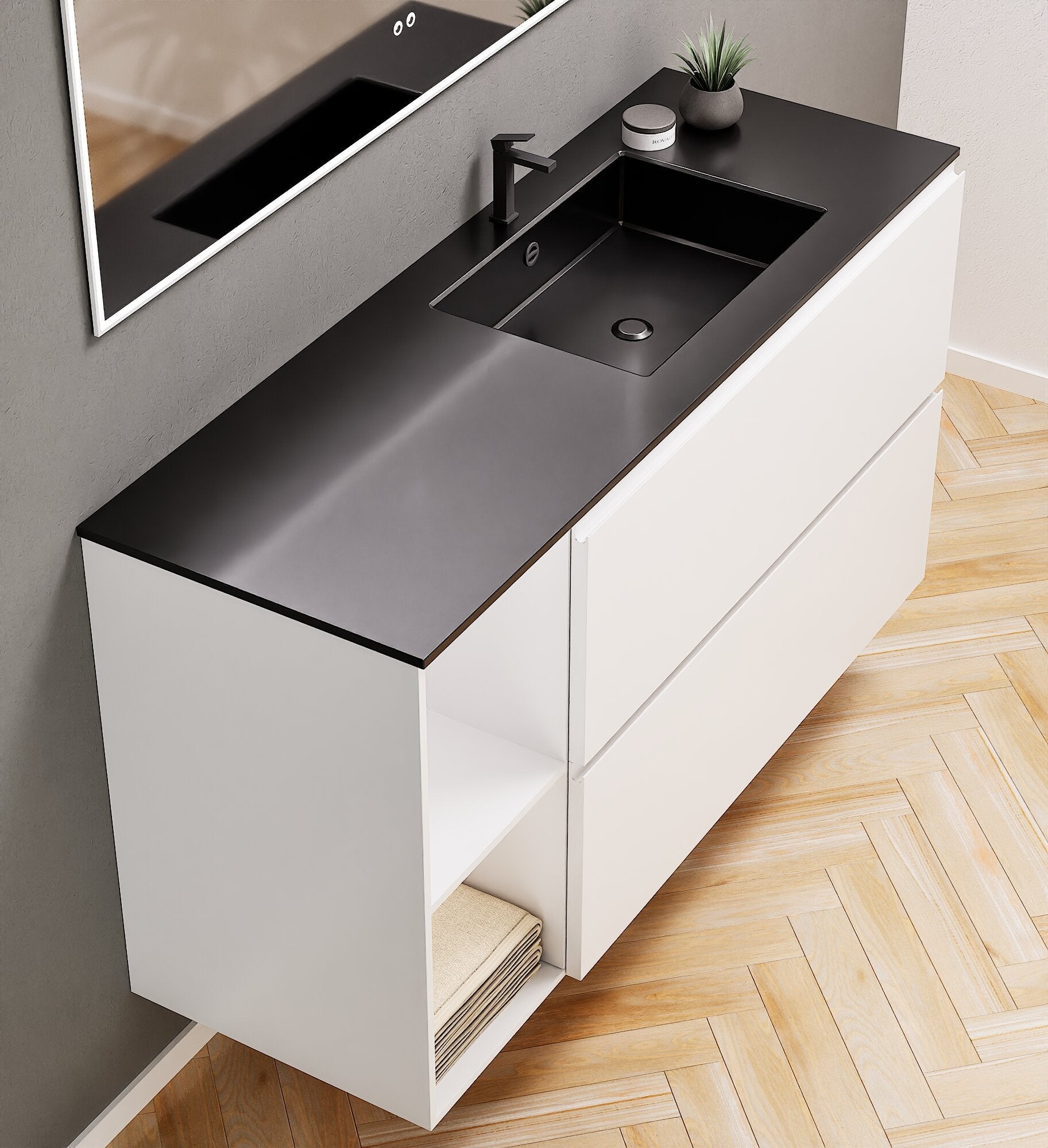 ALBA - Integrated single sink basin unit & 2 Stacked Drawers vanity unit 2 Side Shelves - Rovalux