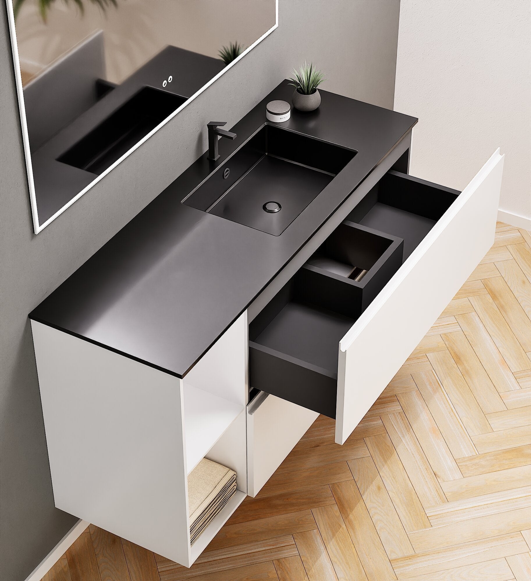 ALBA - Integrated single sink basin unit & 2 Stacked Drawers vanity unit 2 Side Shelves - Rovalux