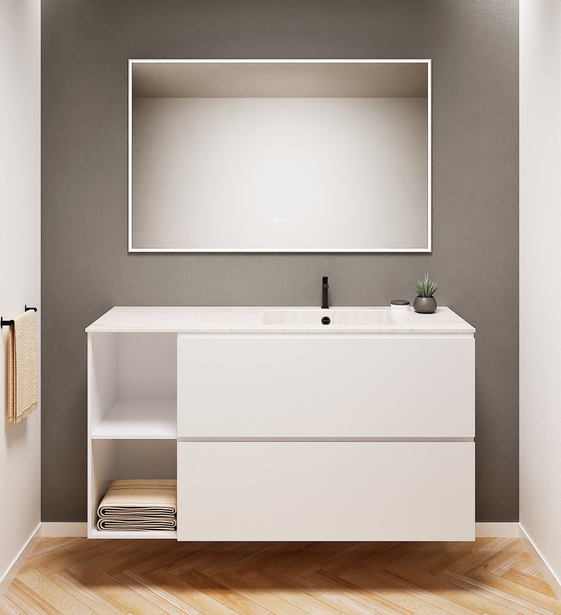 ALBA - Integrated single sink basin unit & 2 Stacked Drawers vanity unit 2 Side Shelves - Rovalux