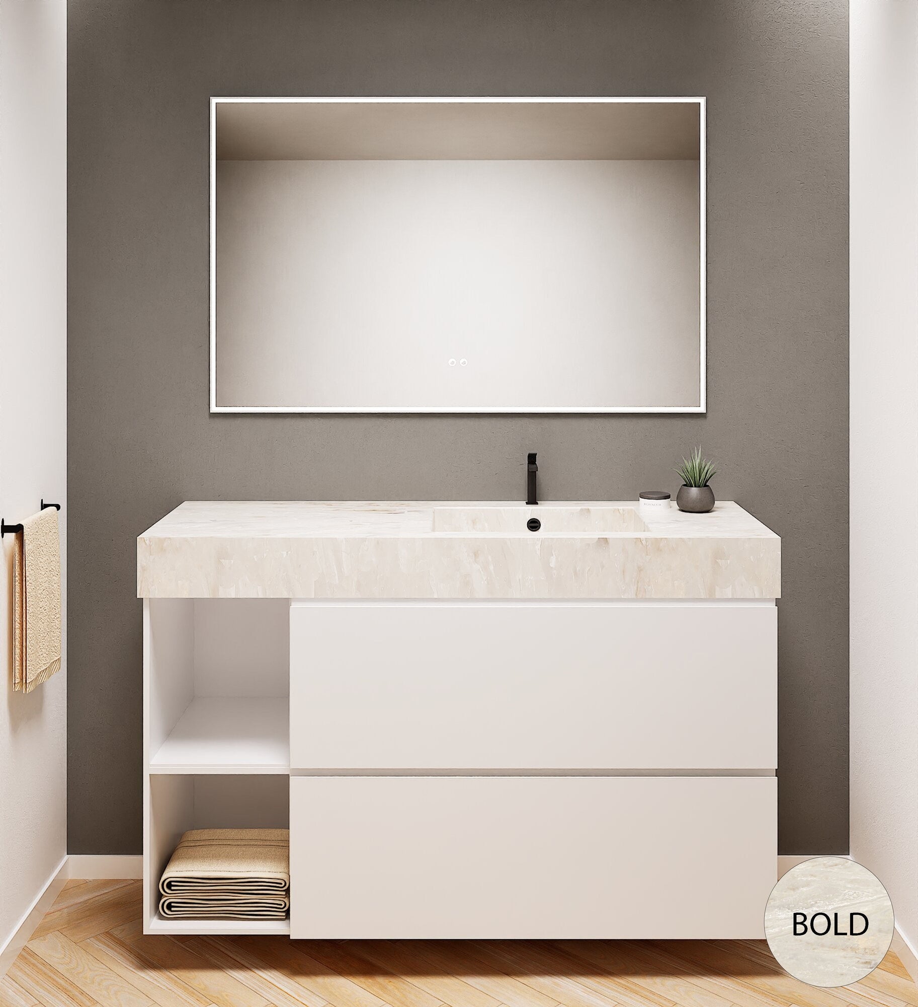 ALBA - Integrated single sink basin unit & 2 Stacked Drawers vanity unit 2 Side Shelves - Rovalux