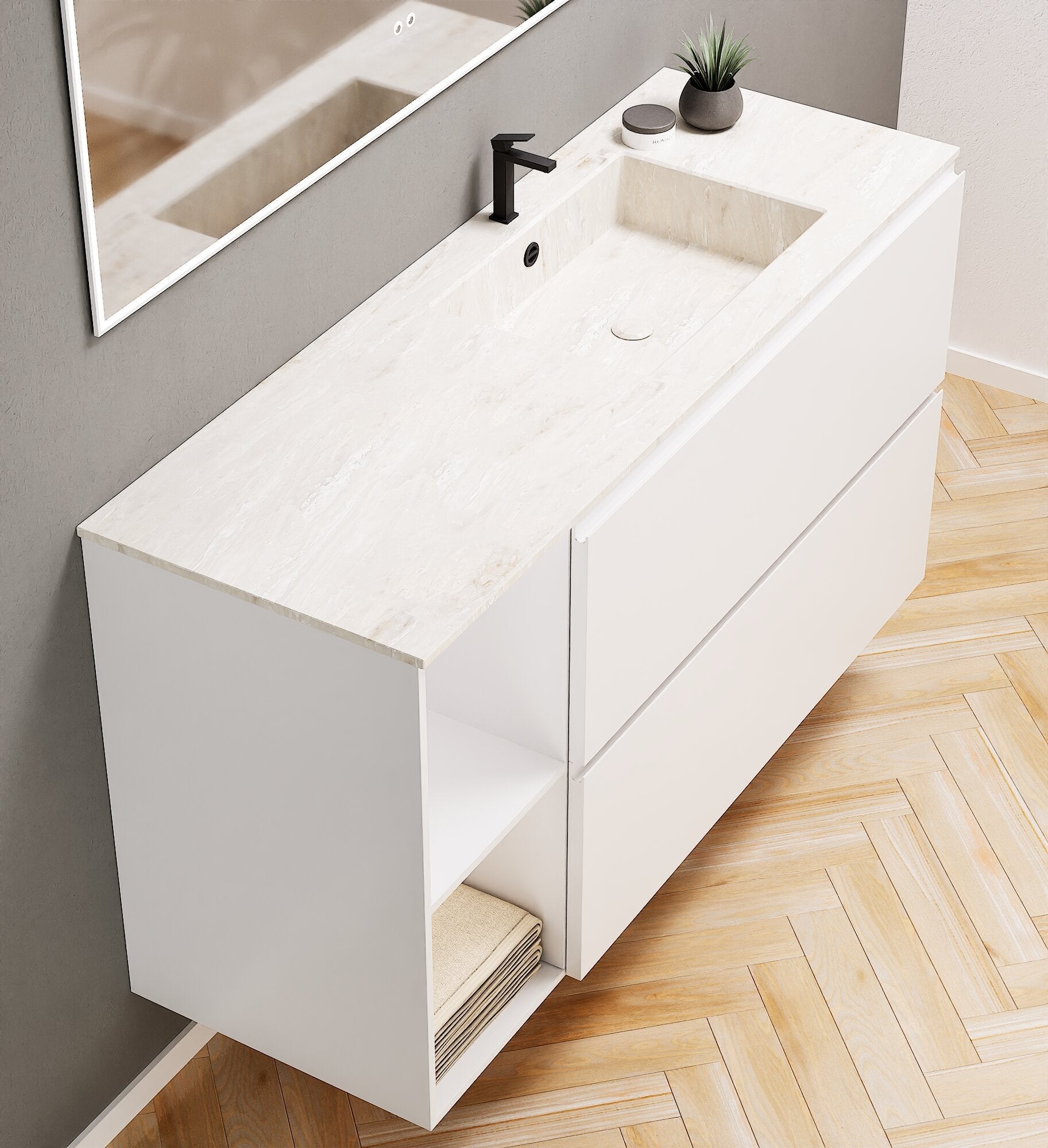 ALBA - Integrated single sink basin unit & 2 Stacked Drawers vanity unit 2 Side Shelves - Rovalux