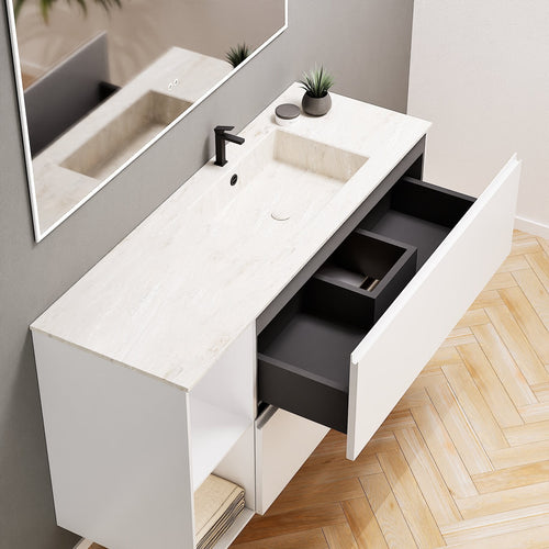 ALBA - Integrated single sink basin unit & 2 Stacked Drawers vanity unit 2 Side Shelves - Rovalux