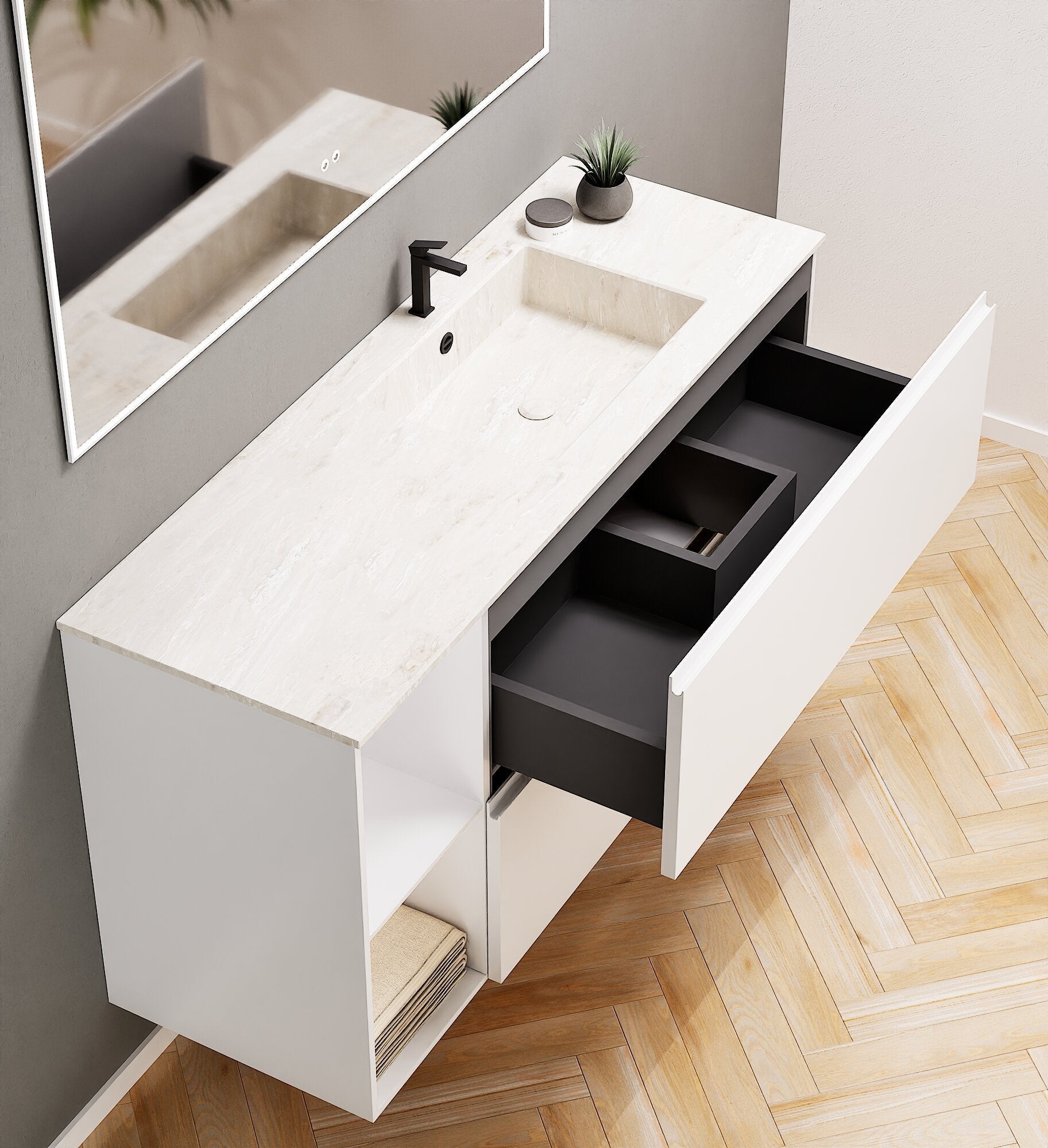 ALBA - Integrated single sink basin unit & 2 Stacked Drawers vanity unit 2 Side Shelves - Rovalux