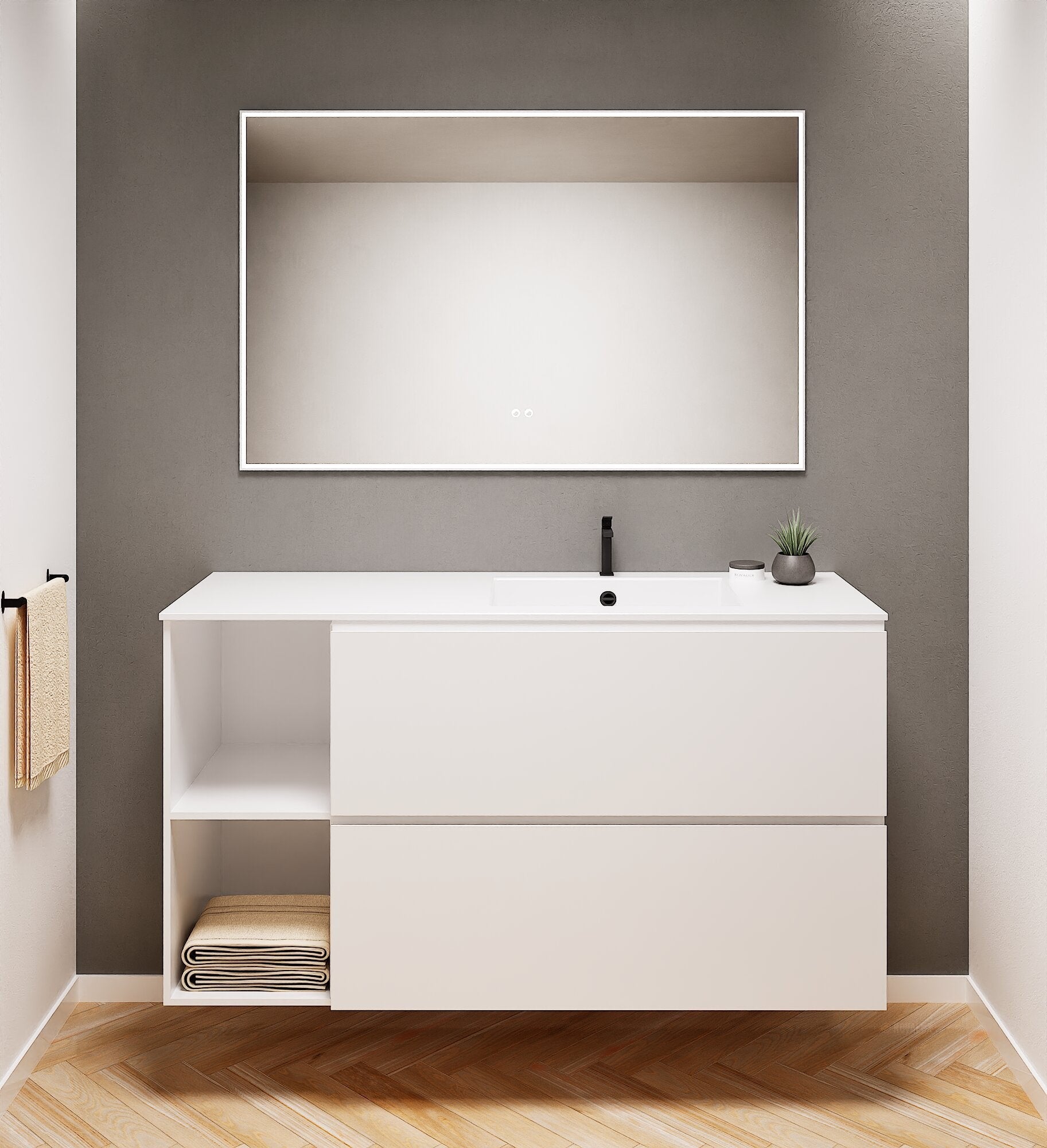 ALBA - Integrated single sink basin unit & 2 Stacked Drawers vanity unit 2 Side Shelves - Rovalux