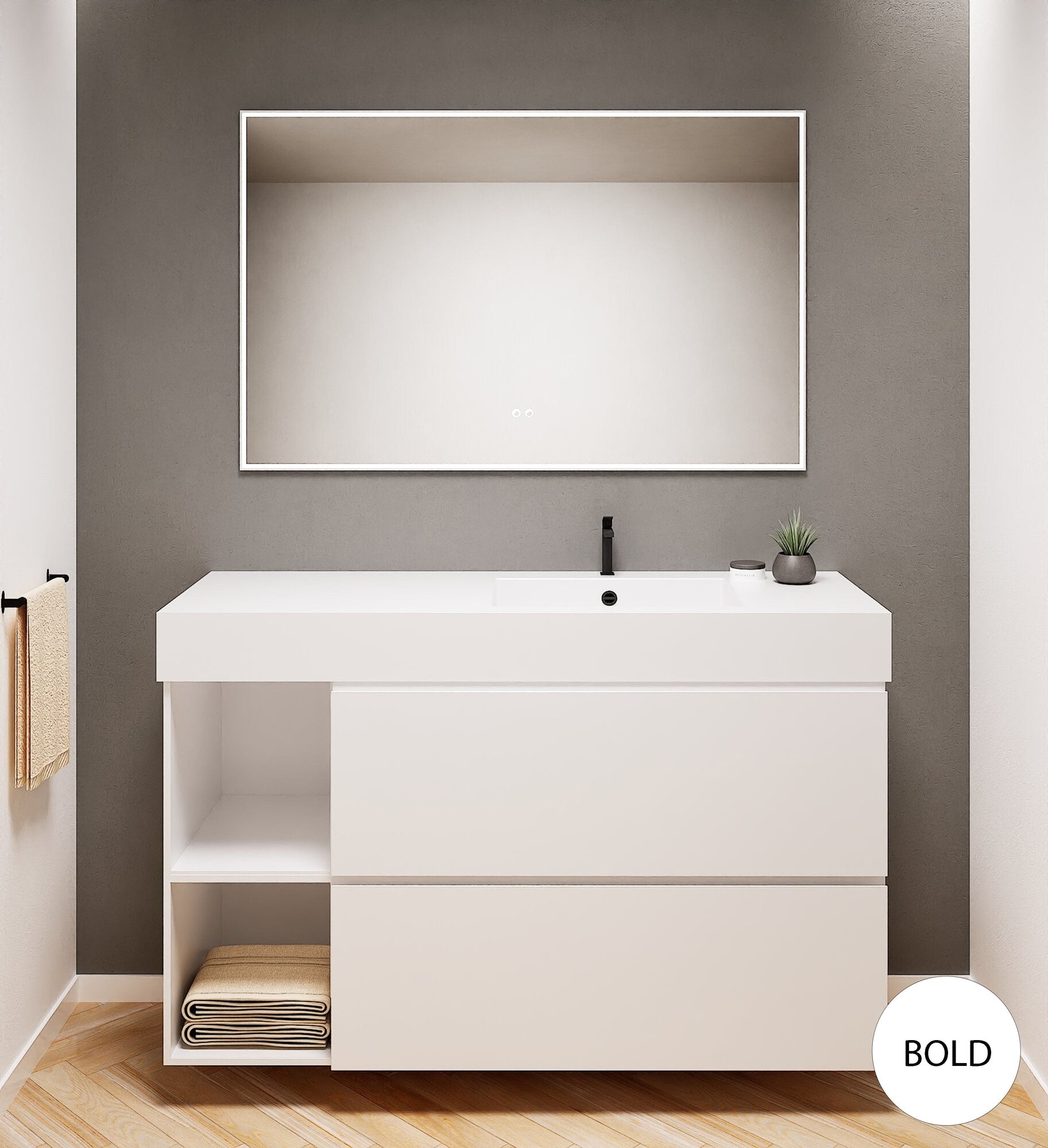 ALBA - Integrated single sink basin unit & 2 Stacked Drawers vanity unit 2 Side Shelves - Rovalux