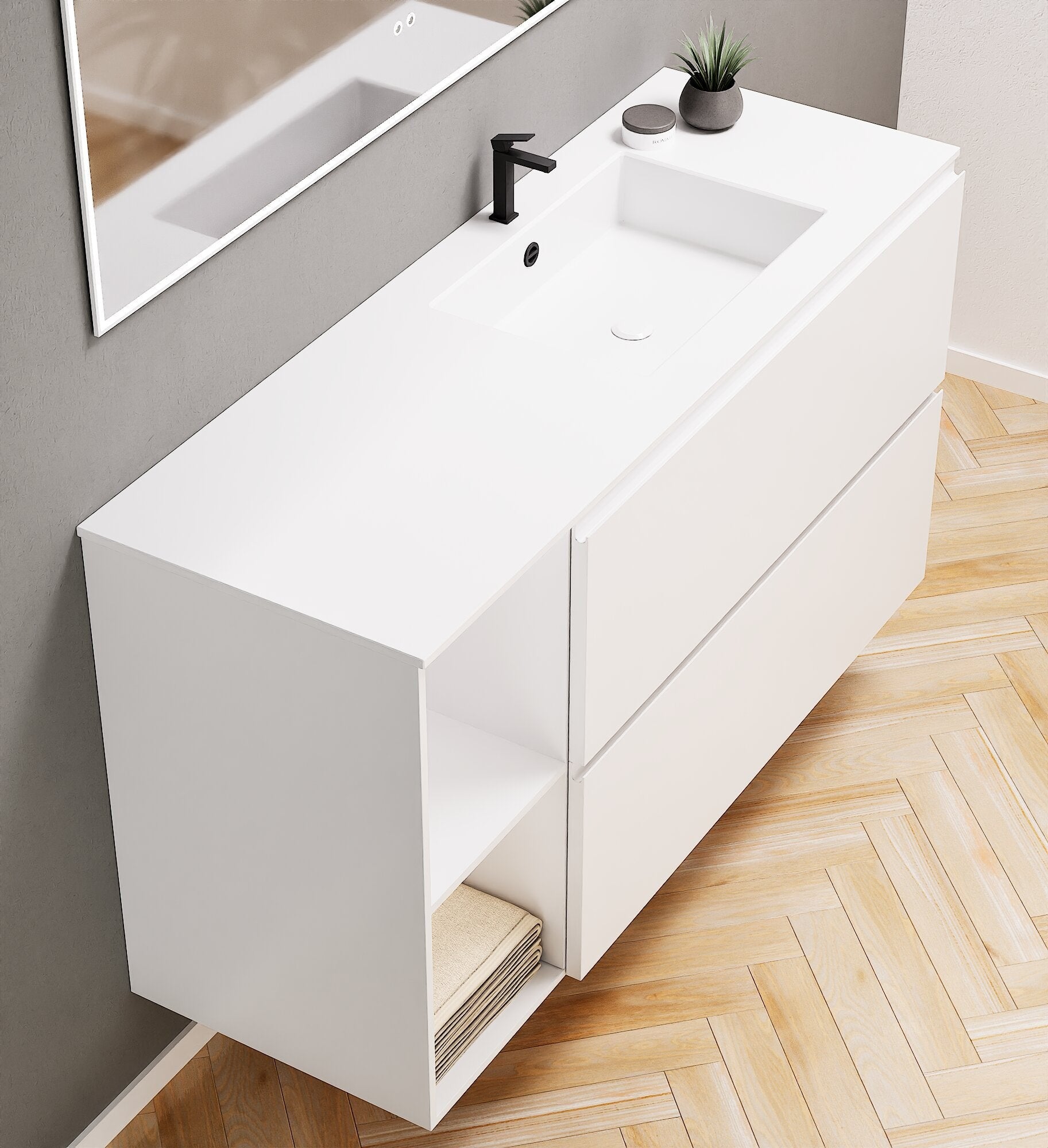 ALBA - Integrated single sink basin unit & 2 Stacked Drawers vanity unit 2 Side Shelves - Rovalux