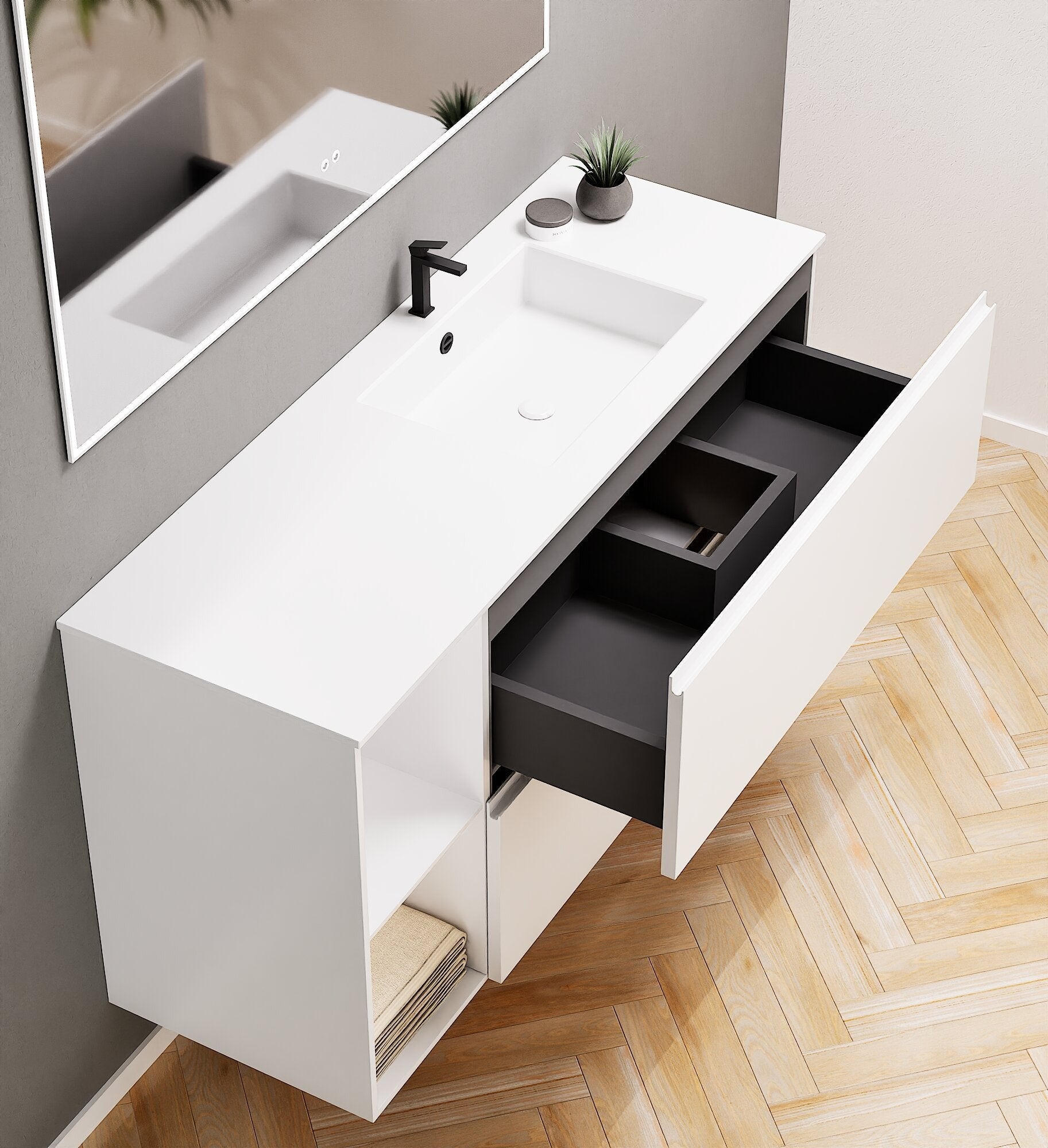 ALBA - Integrated single sink basin unit & 2 Stacked Drawers vanity unit 2 Side Shelves - Rovalux