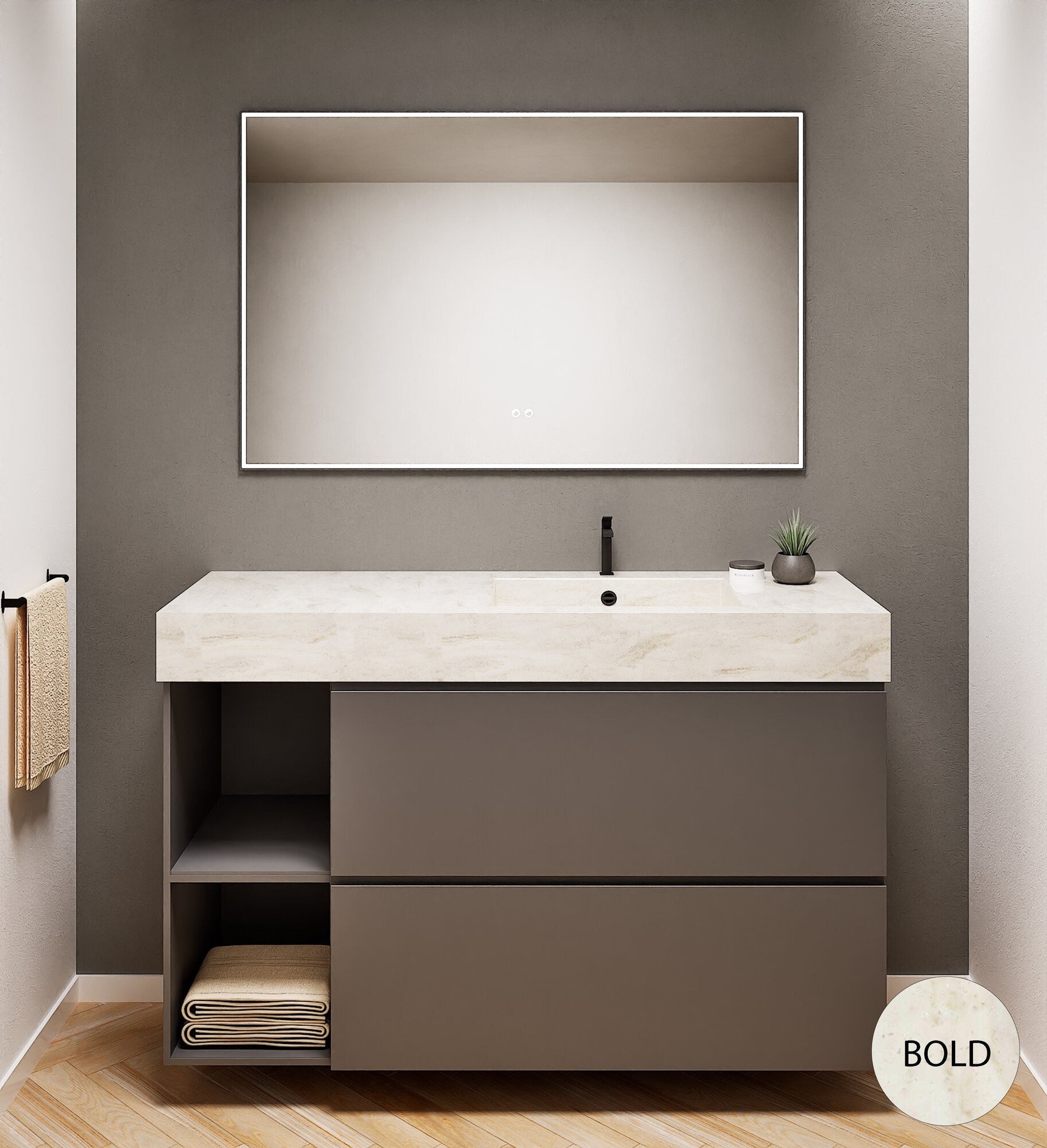 ALBA - Integrated single sink basin unit & 2 Stacked Drawers vanity unit 2 Side Shelves - Rovalux