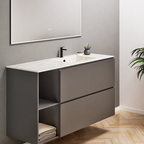 ALBA - Integrated single sink basin unit & 2 Stacked Drawers vanity unit 2 Side Shelves - Rovalux