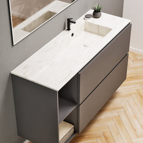ALBA - Integrated single sink basin unit & 2 Stacked Drawers vanity unit 2 Side Shelves - Rovalux