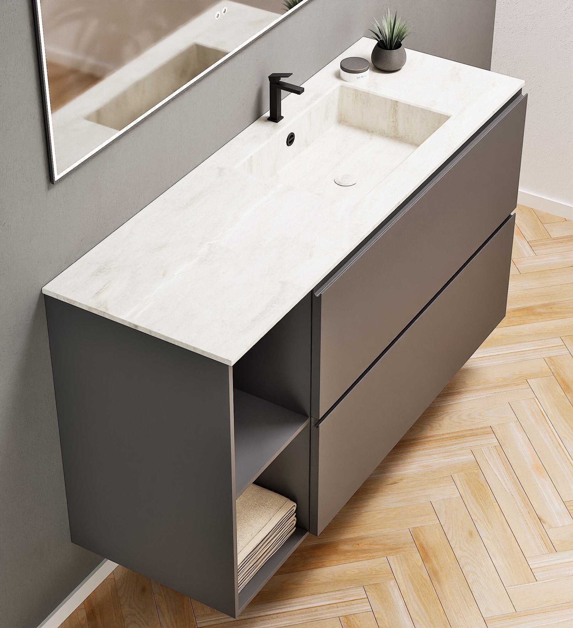 ALBA - Integrated single sink basin unit & 2 Stacked Drawers vanity unit 2 Side Shelves - Rovalux