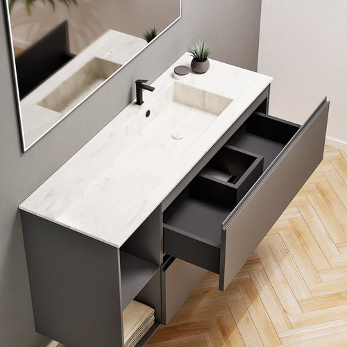 ALBA - Integrated single sink basin unit & 2 Stacked Drawers vanity unit 2 Side Shelves - Rovalux
