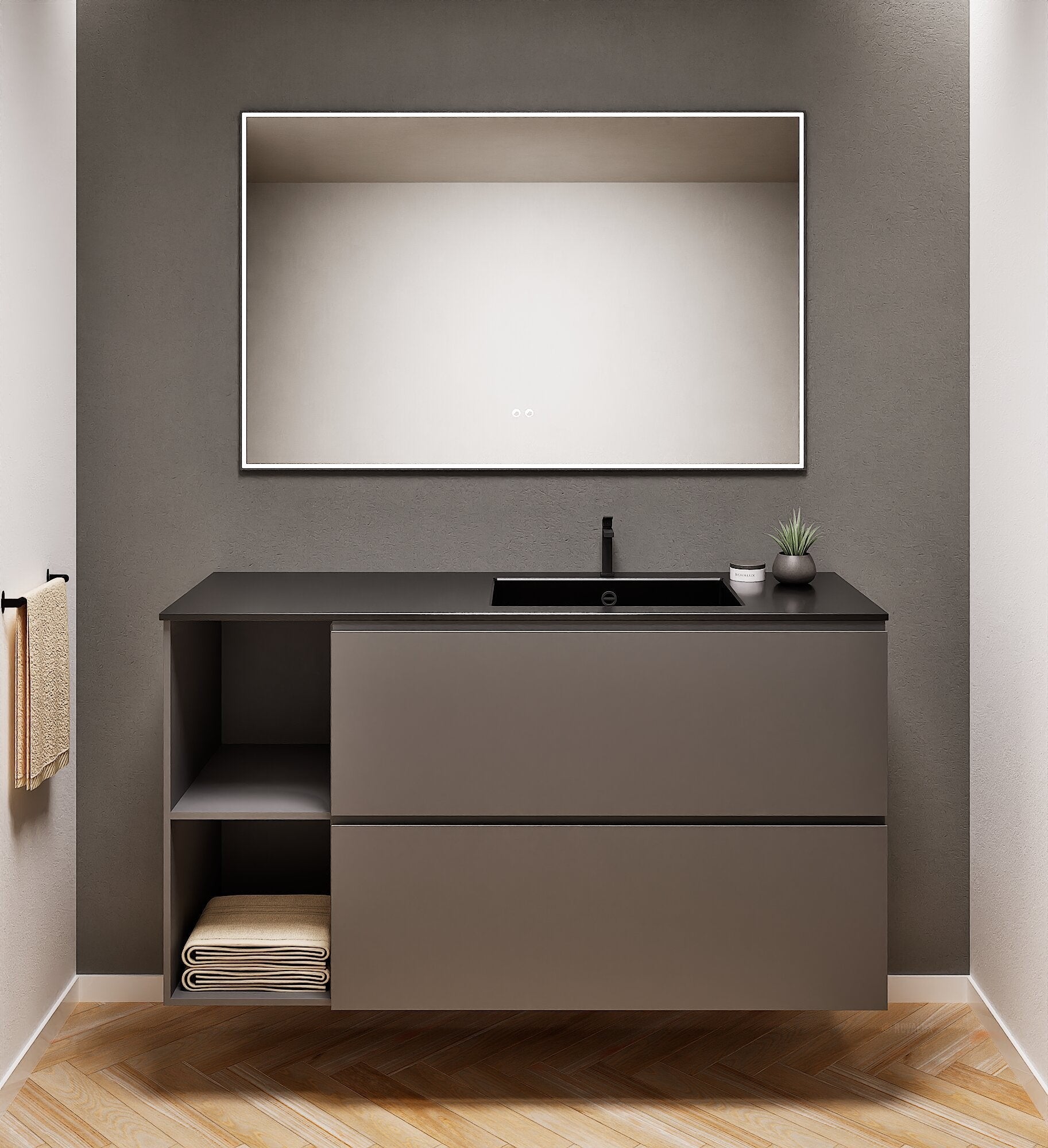 ALBA - Integrated single sink basin unit & 2 Stacked Drawers vanity unit 2 Side Shelves - Rovalux
