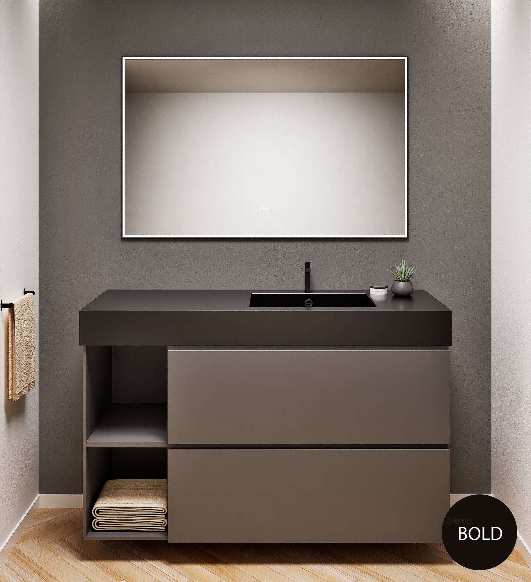 ALBA - Integrated single sink basin unit & 2 Stacked Drawers vanity unit 2 Side Shelves - Rovalux