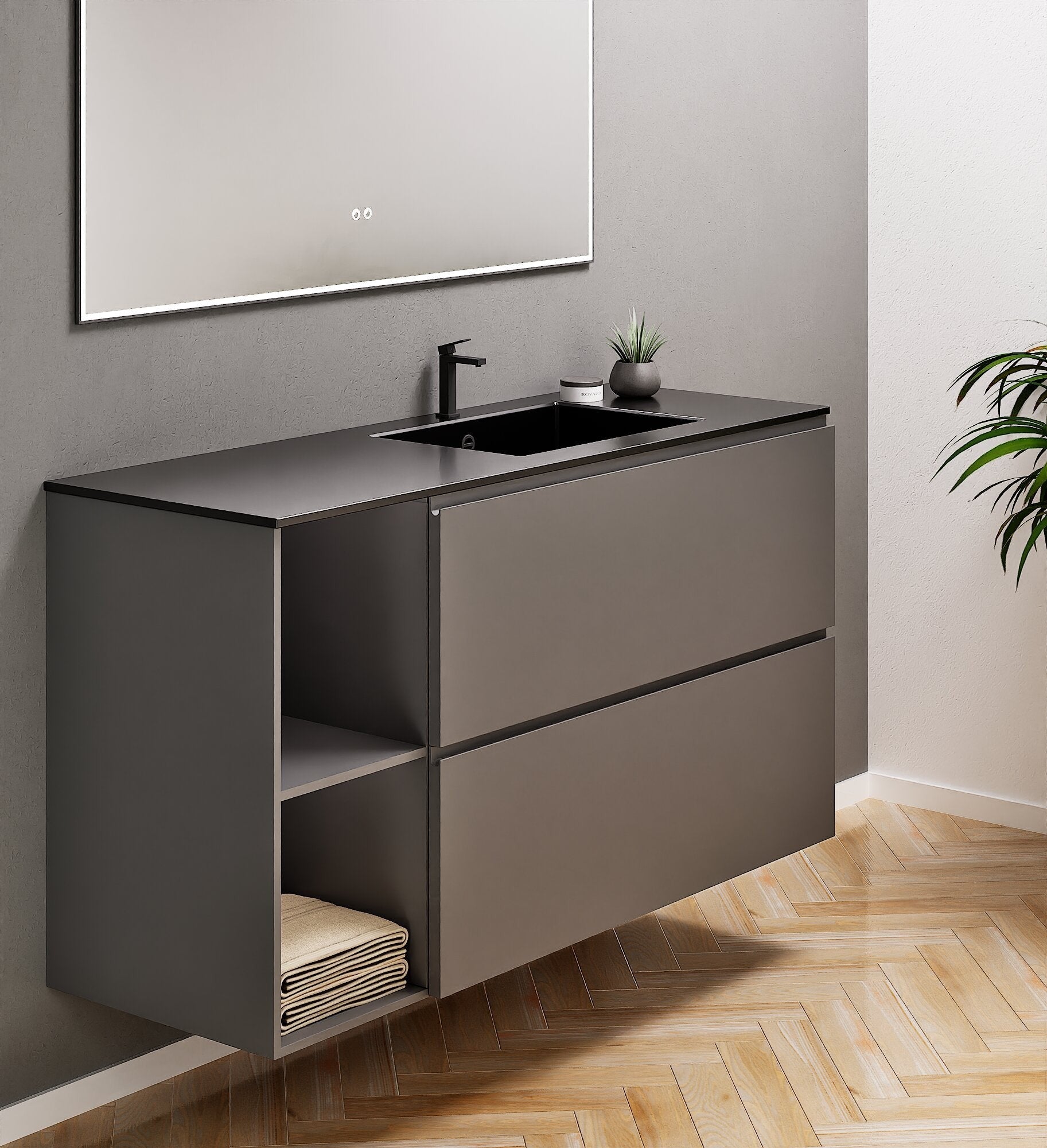 ALBA - Integrated single sink basin unit & 2 Stacked Drawers vanity unit 2 Side Shelves - Rovalux