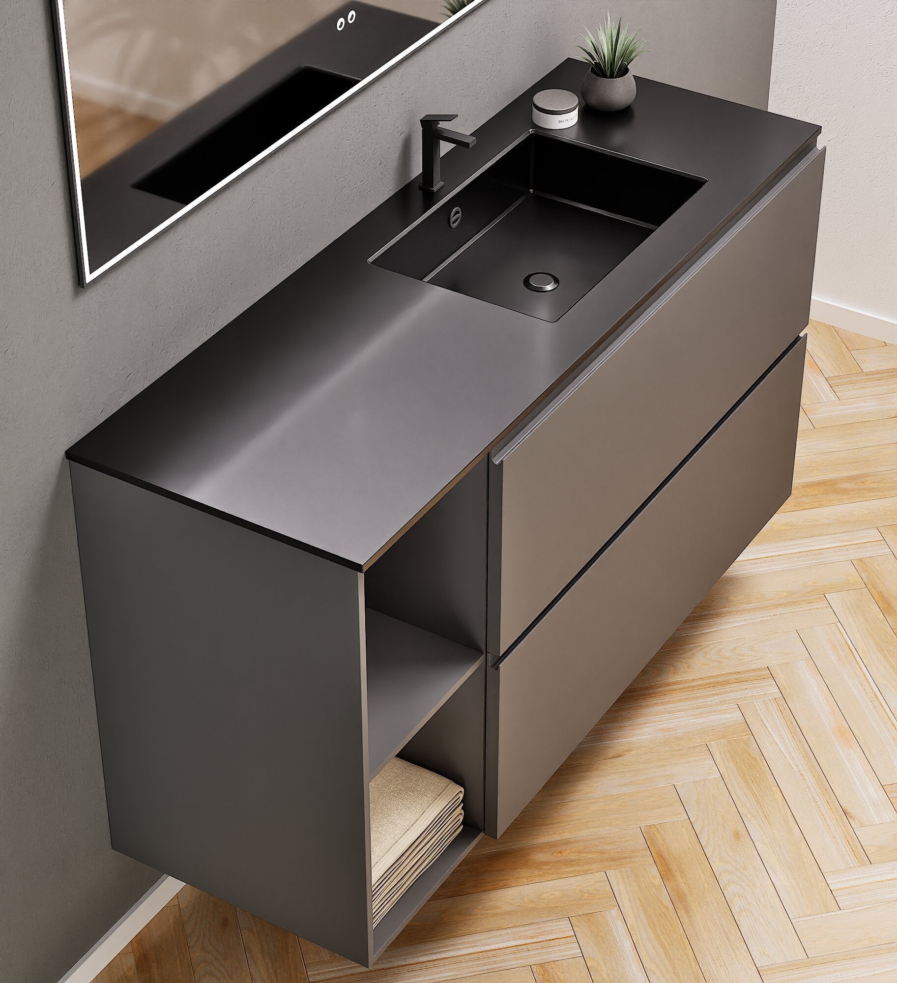 ALBA - Integrated single sink basin unit & 2 Stacked Drawers vanity unit 2 Side Shelves - Rovalux