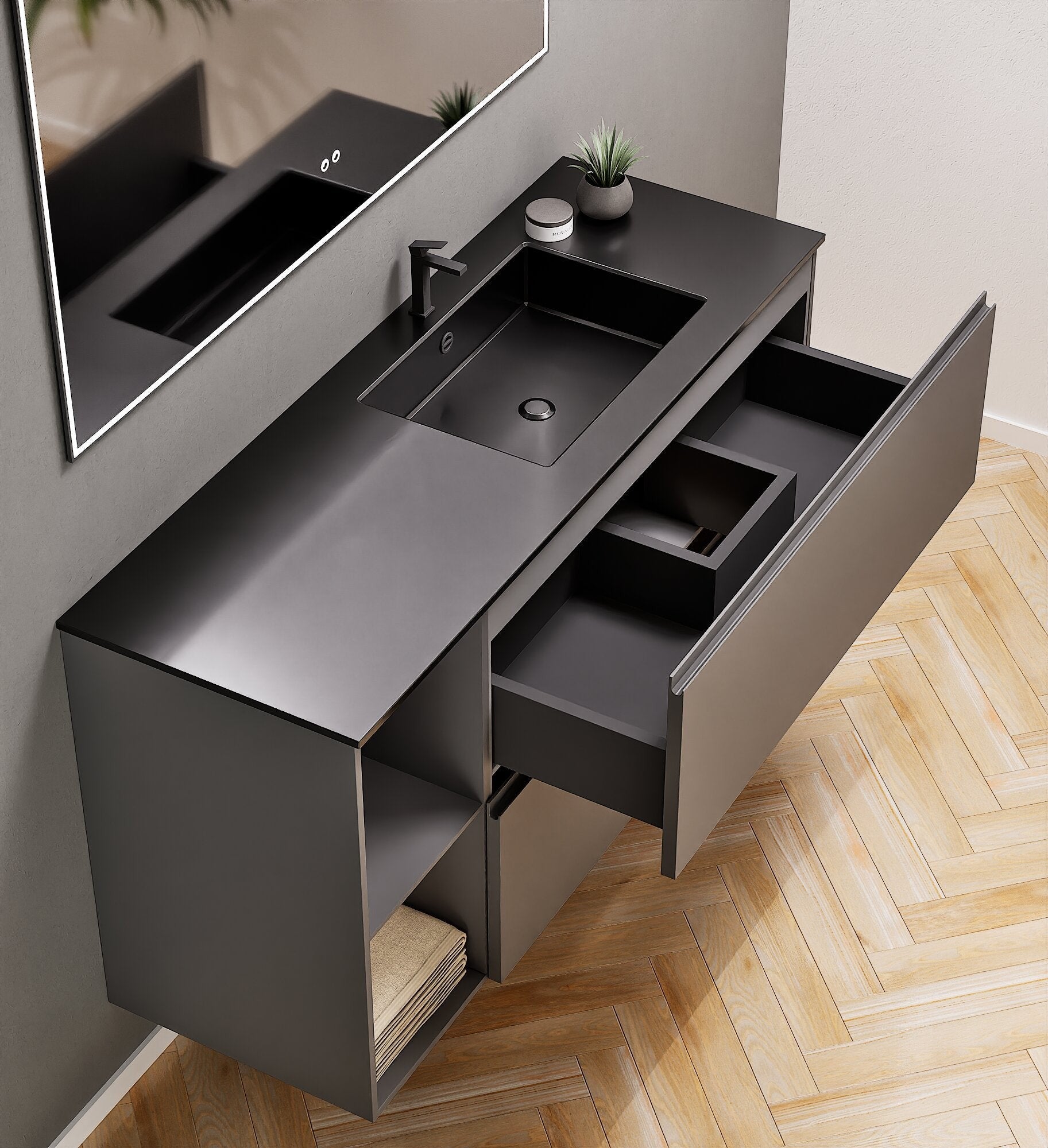 ALBA - Integrated single sink basin unit & 2 Stacked Drawers vanity unit 2 Side Shelves - Rovalux