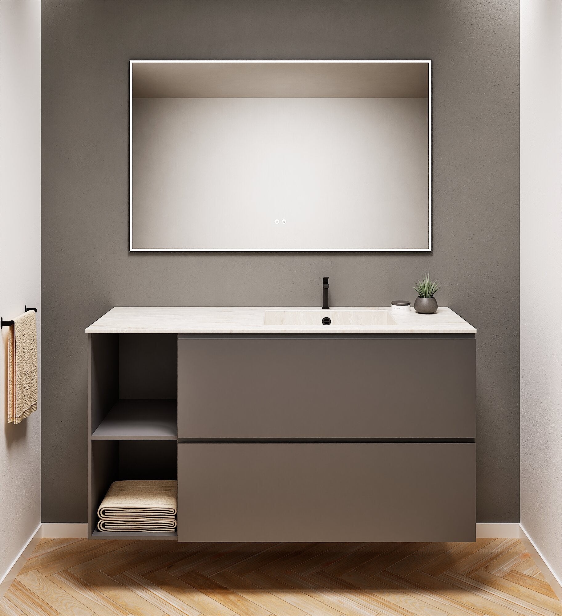 ALBA - Integrated single sink basin unit & 2 Stacked Drawers vanity unit 2 Side Shelves - Rovalux