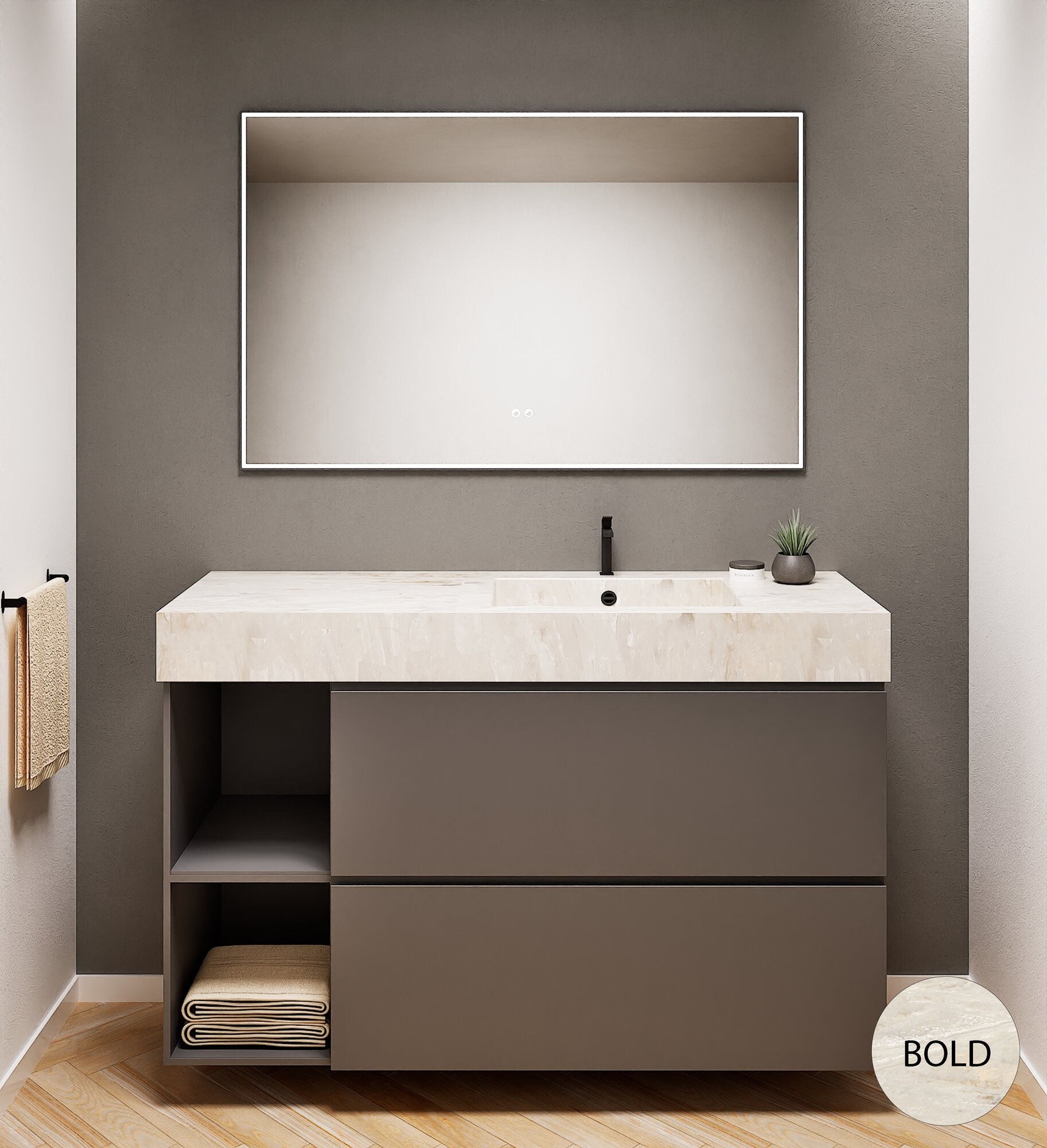 ALBA - Integrated single sink basin unit & 2 Stacked Drawers vanity unit 2 Side Shelves - Rovalux