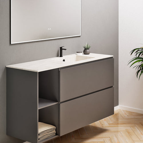 ALBA - Integrated single sink basin unit & 2 Stacked Drawers vanity unit 2 Side Shelves - Rovalux