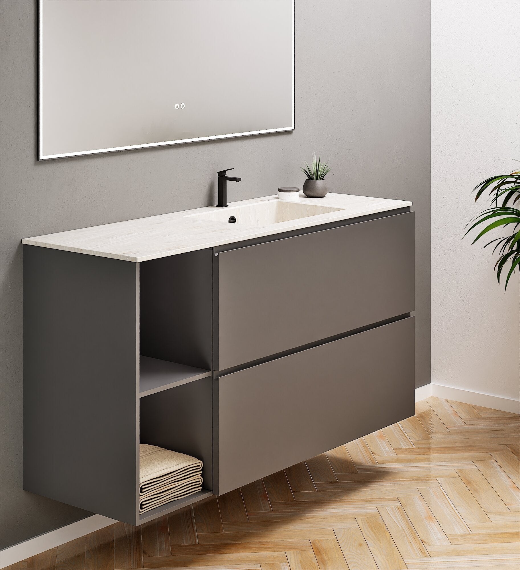 ALBA - Integrated single sink basin unit & 2 Stacked Drawers vanity unit 2 Side Shelves - Rovalux
