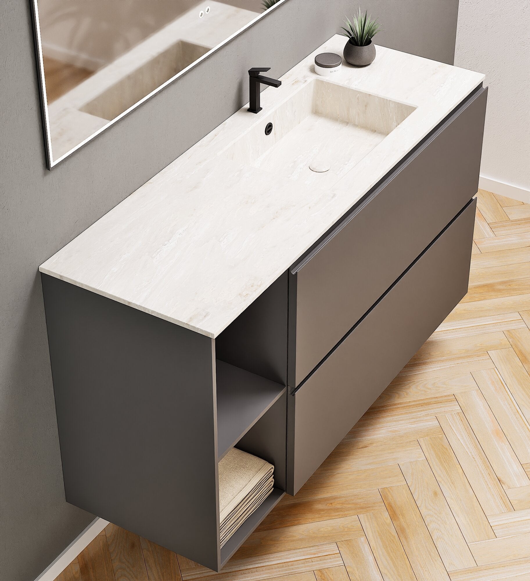 ALBA - Integrated single sink basin unit & 2 Stacked Drawers vanity unit 2 Side Shelves - Rovalux