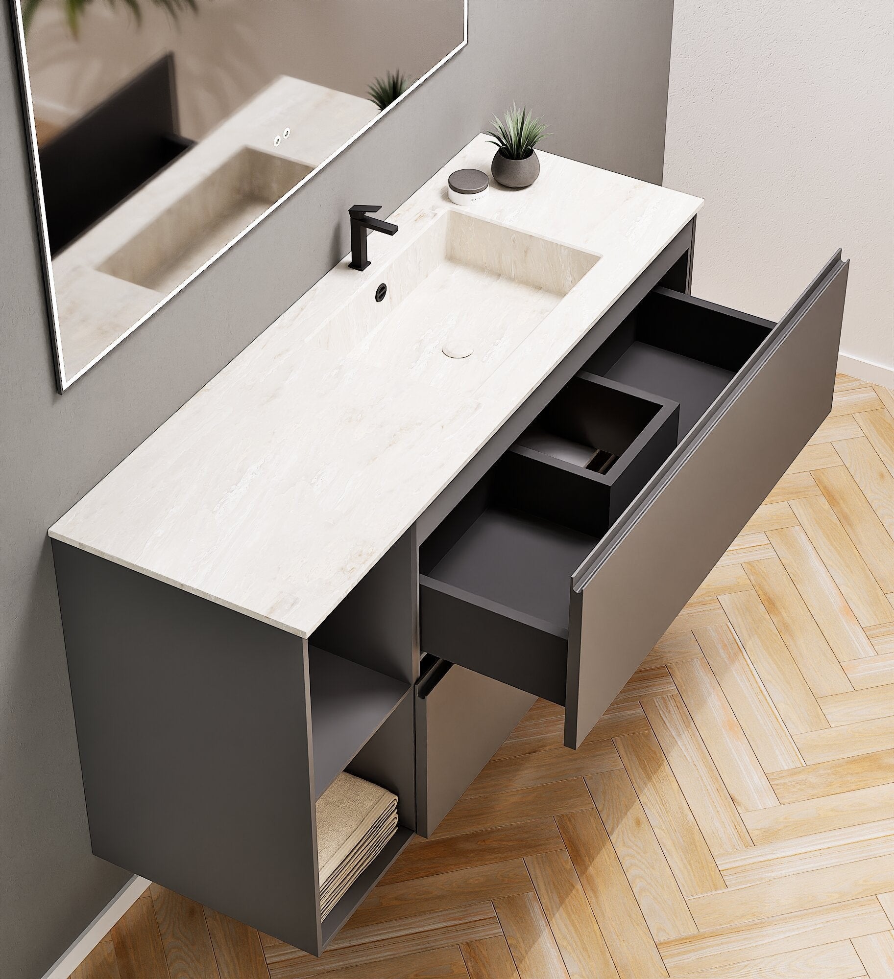 ALBA - Integrated single sink basin unit & 2 Stacked Drawers vanity unit 2 Side Shelves - Rovalux
