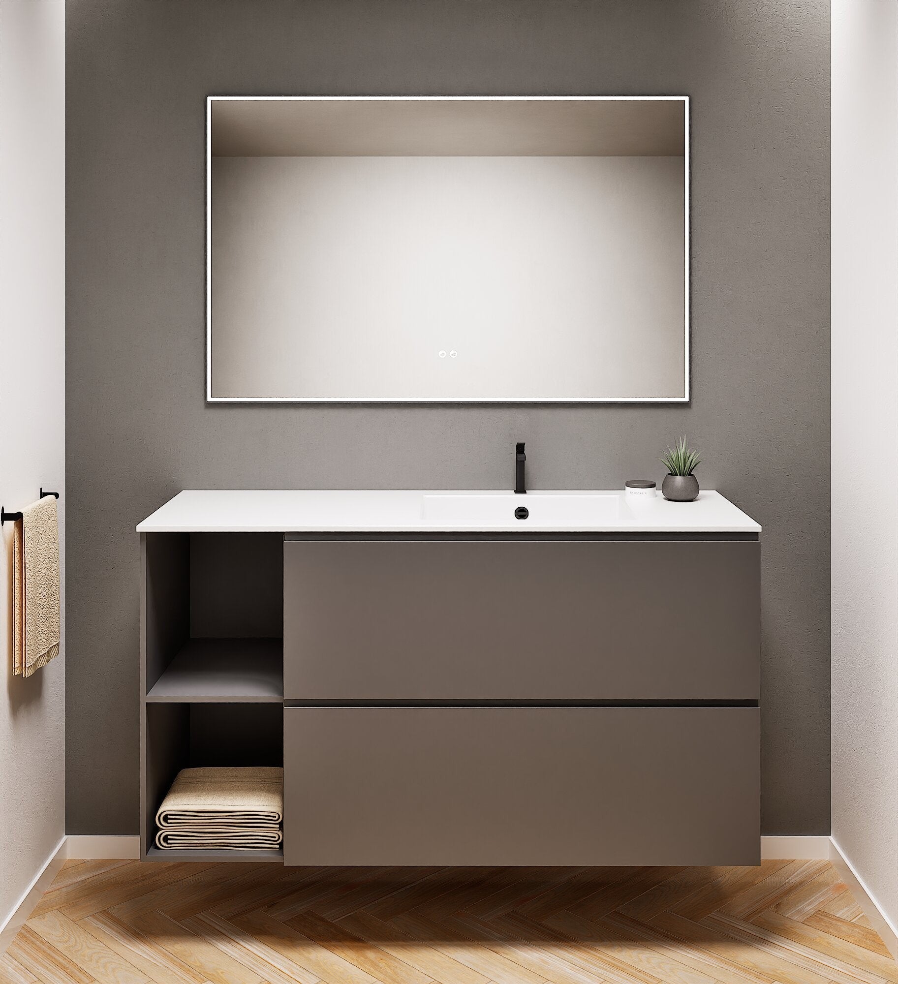 ALBA - Integrated single sink basin unit & 2 Stacked Drawers vanity unit 2 Side Shelves - Rovalux