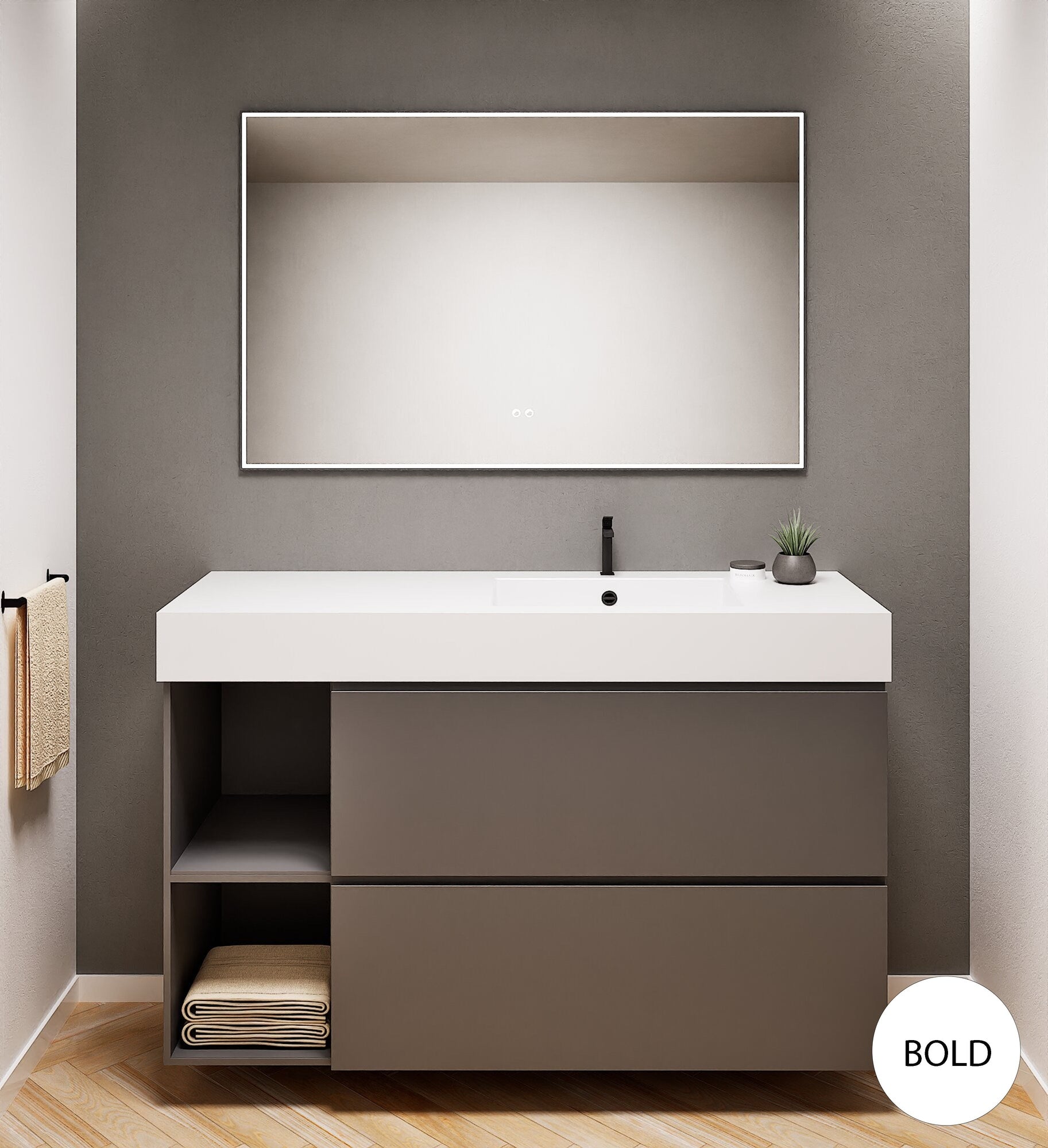 ALBA - Integrated single sink basin unit & 2 Stacked Drawers vanity unit 2 Side Shelves - Rovalux