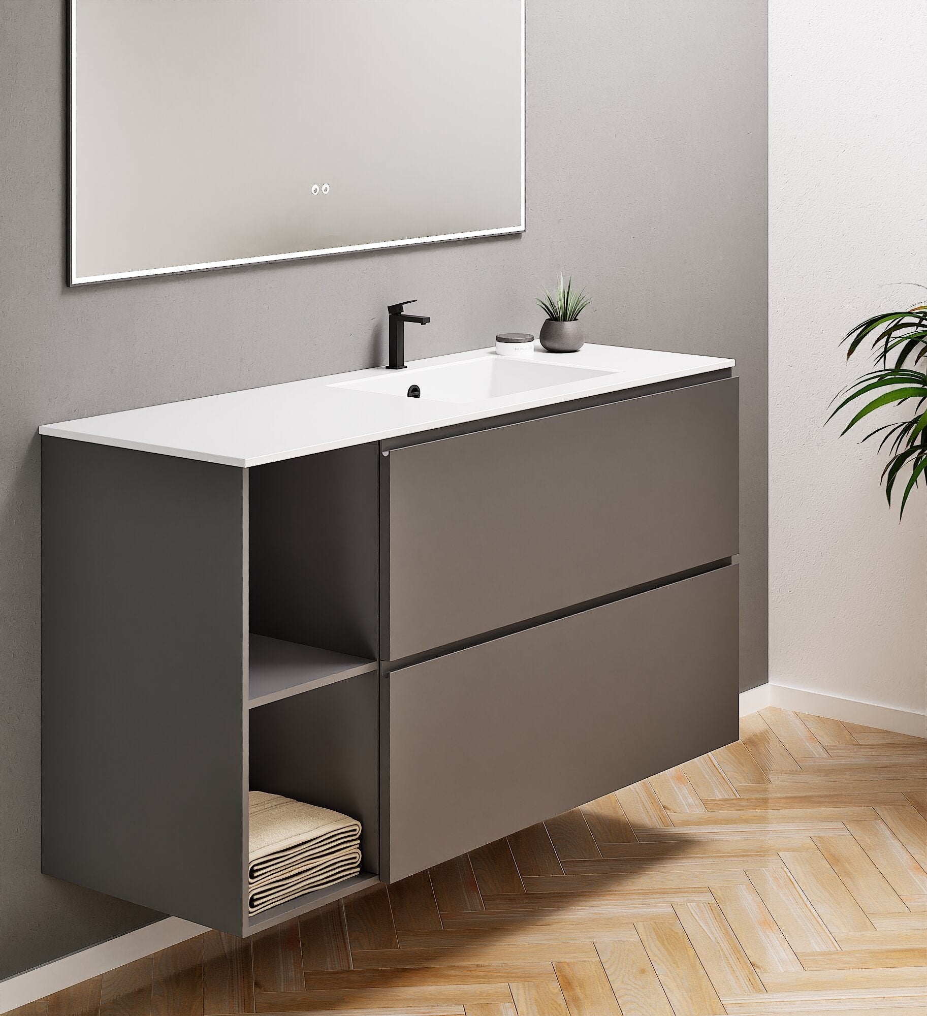 ALBA - Integrated single sink basin unit & 2 Stacked Drawers vanity unit 2 Side Shelves - Rovalux