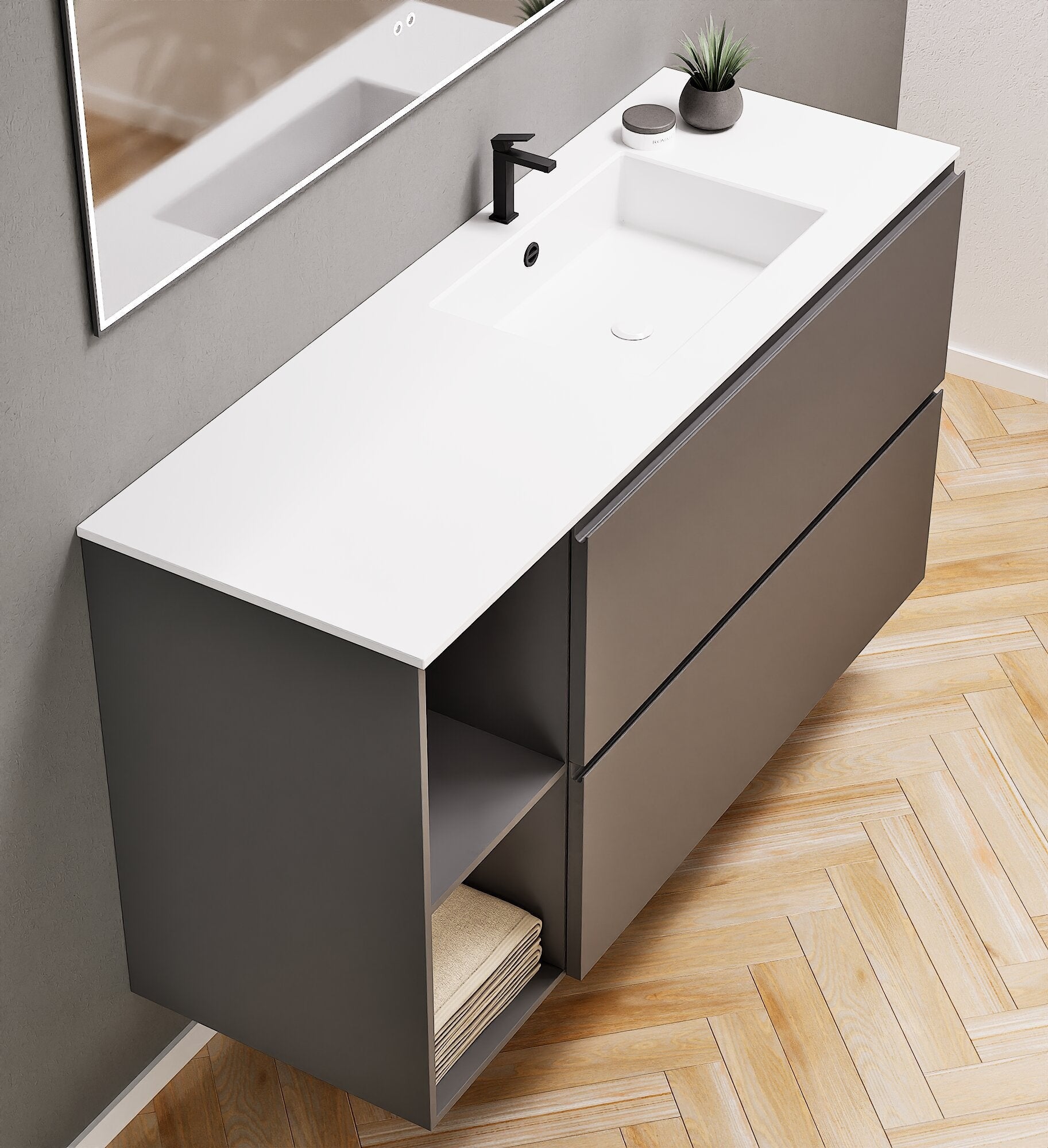 ALBA - Integrated single sink basin unit & 2 Stacked Drawers vanity unit 2 Side Shelves - Rovalux