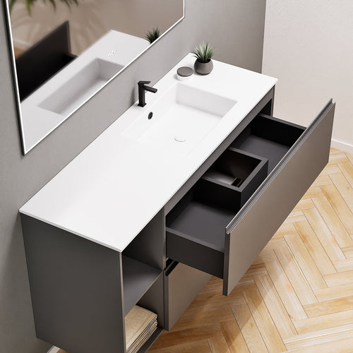 ALBA - Integrated single sink basin unit & 2 Stacked Drawers vanity unit 2 Side Shelves - Rovalux