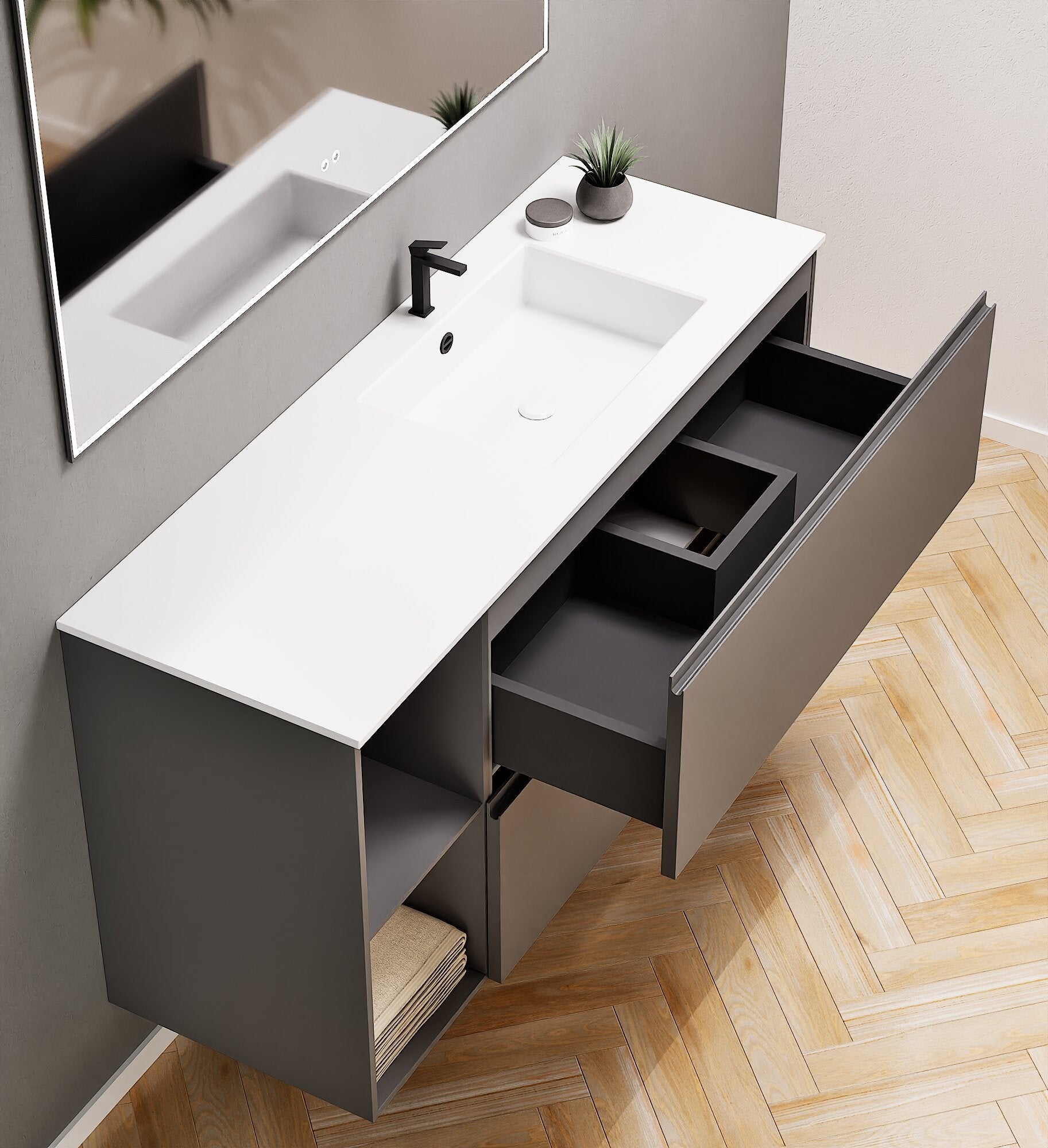 ALBA - Integrated single sink basin unit & 2 Stacked Drawers vanity unit 2 Side Shelves - Rovalux