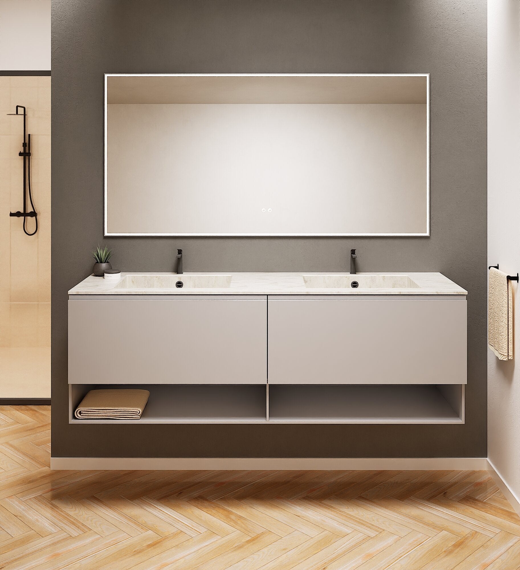 ALBA – Double Corian® Basin Unit with 2 Aligned Drawers and buttom Shelves - ROVALUX