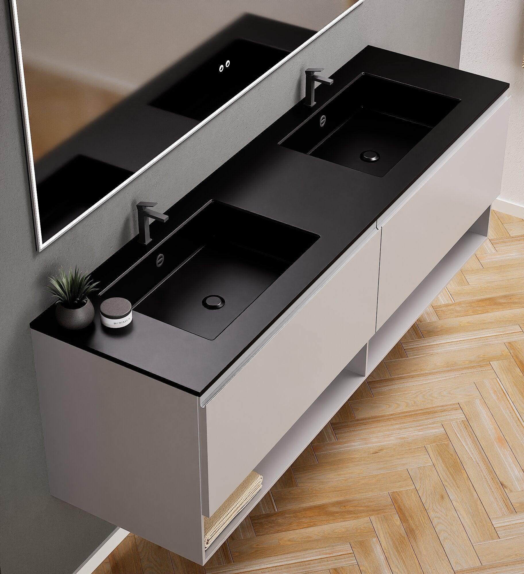 ALBA – Double Corian® Basin Unit with 2 Aligned Drawers and buttom Shelves - ROVALUX