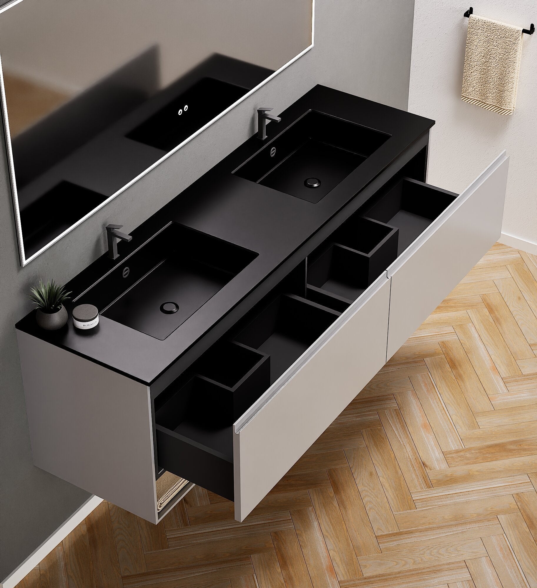 ALBA – Double Corian® Basin Unit with 2 Aligned Drawers and buttom Shelves - ROVALUX