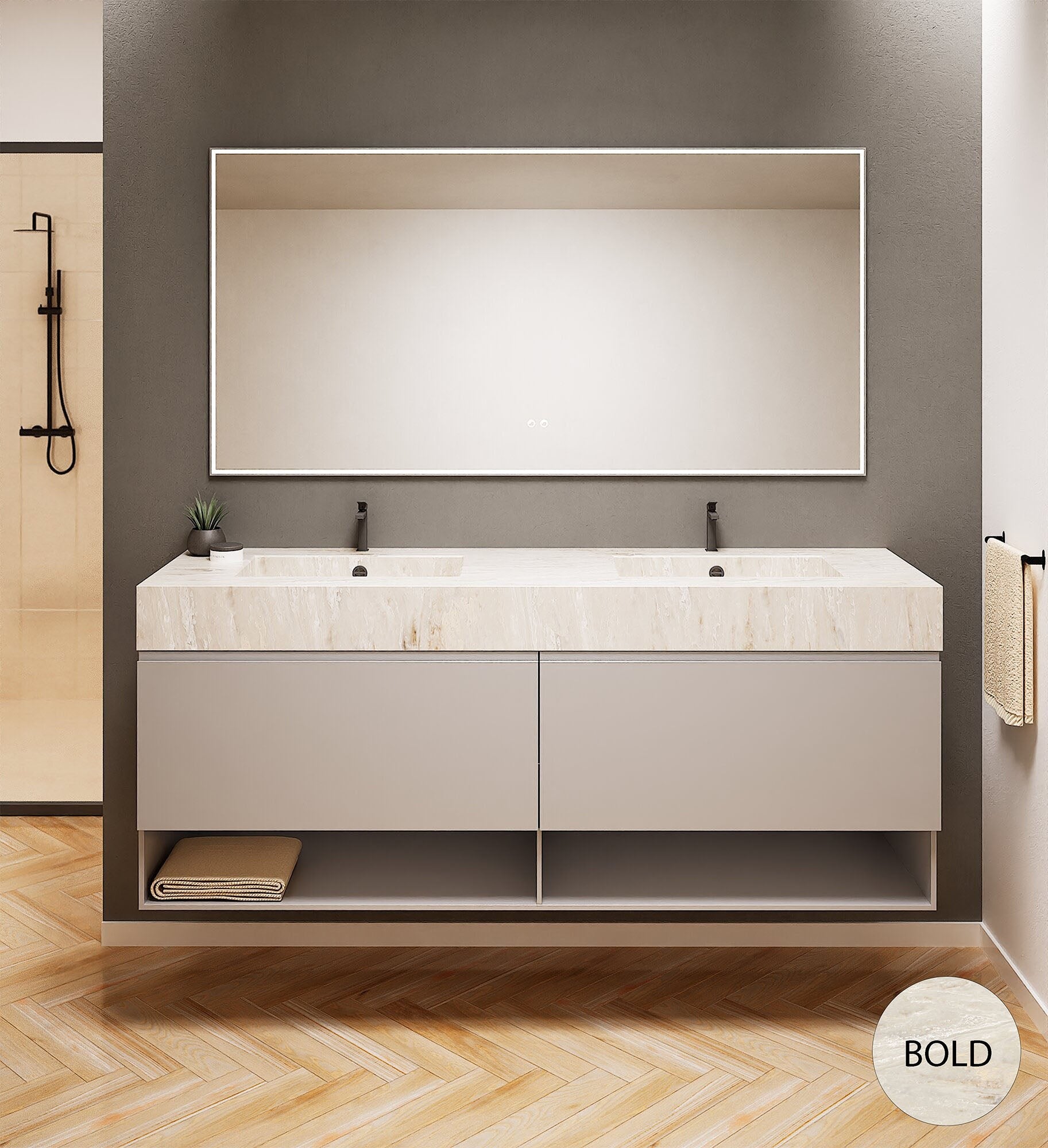 ALBA – Double Corian® Basin Unit with 2 Aligned Drawers and buttom Shelves - ROVALUX