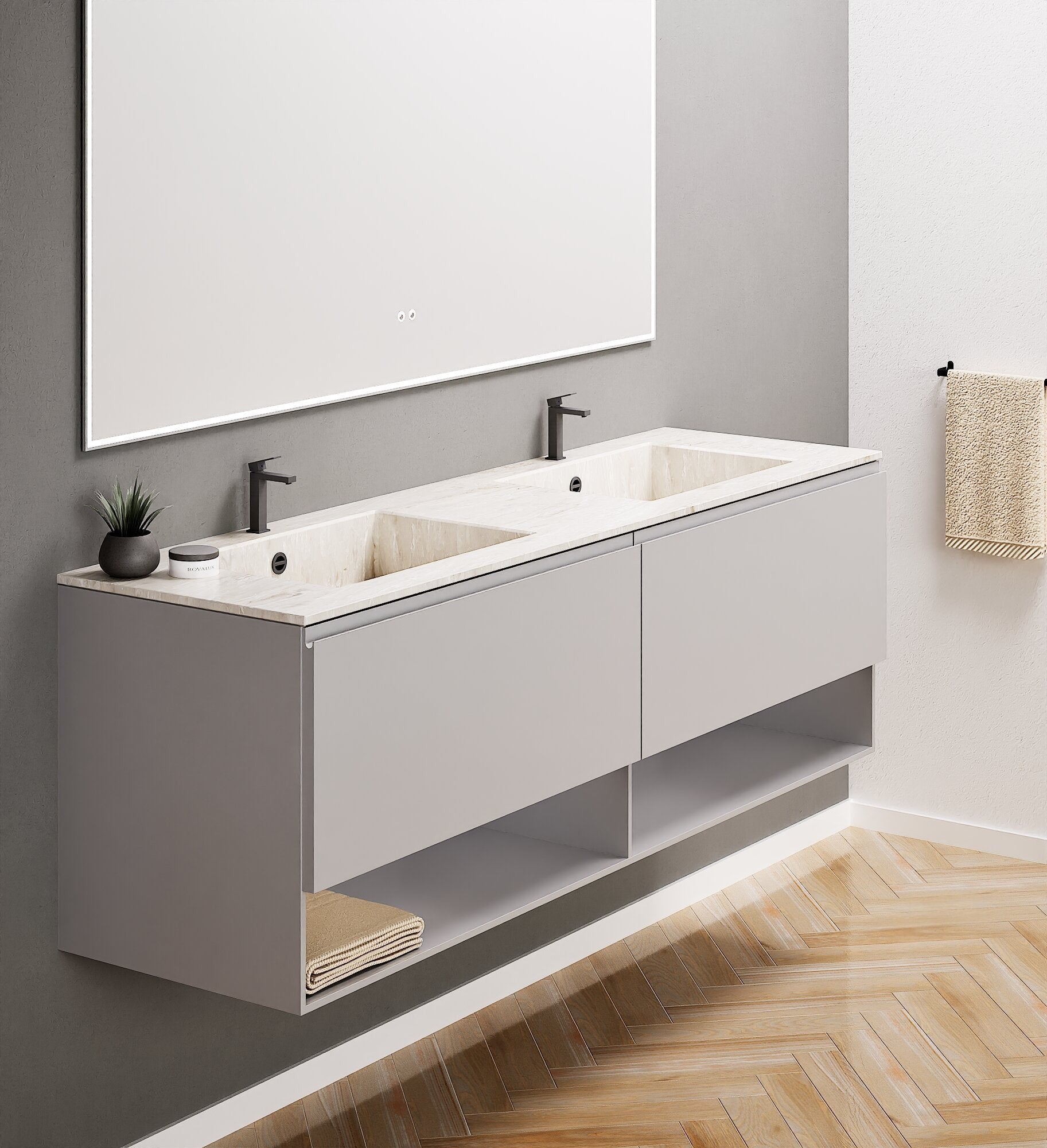 ALBA – Double Corian® Basin Unit with 2 Aligned Drawers and buttom Shelves - ROVALUX