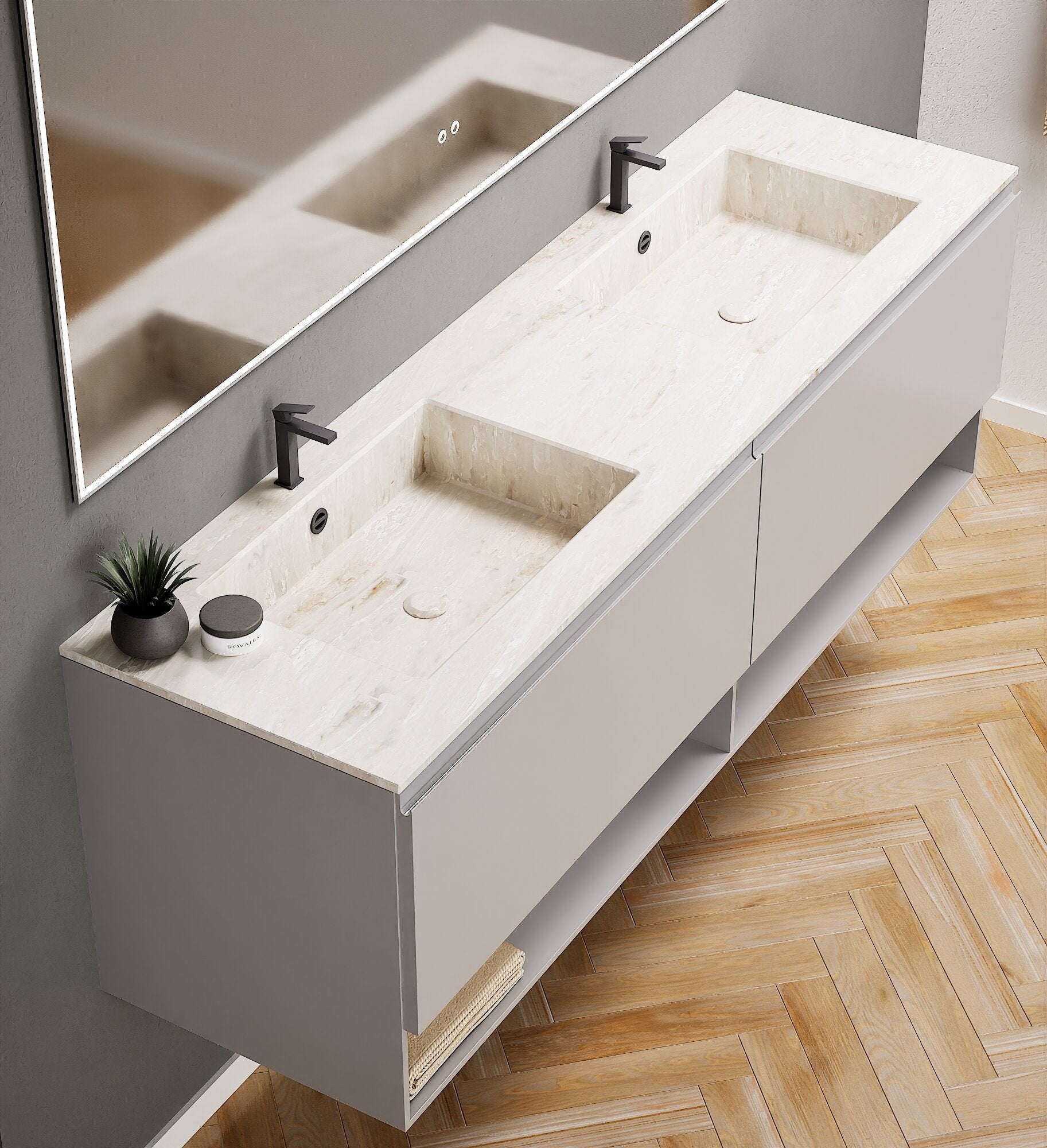 ALBA – Double Corian® Basin Unit with 2 Aligned Drawers and buttom Shelves - ROVALUX