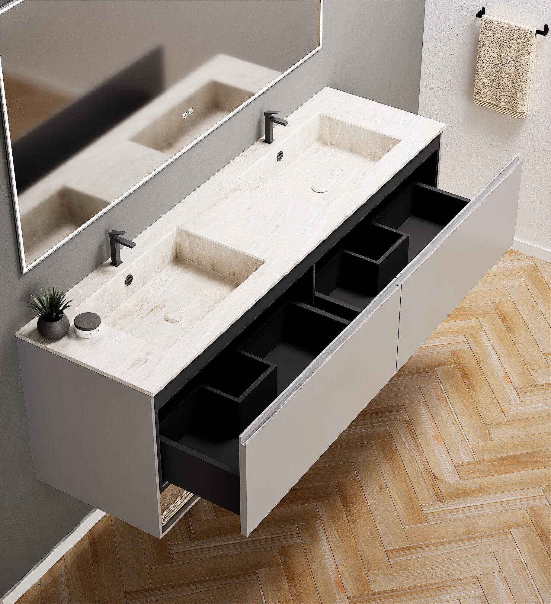 ALBA – Double Corian® Basin Unit with 2 Aligned Drawers and buttom Shelves - ROVALUX