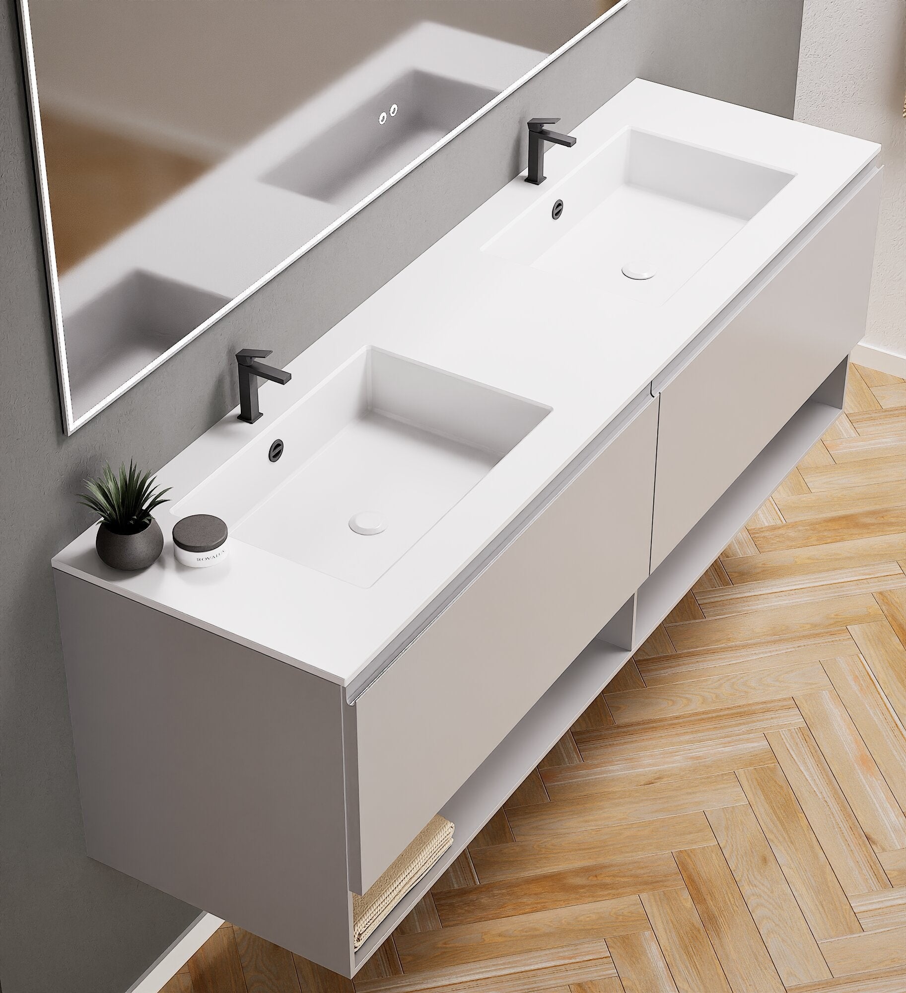 ALBA – Double Corian® Basin Unit with 2 Aligned Drawers and buttom Shelves - ROVALUX