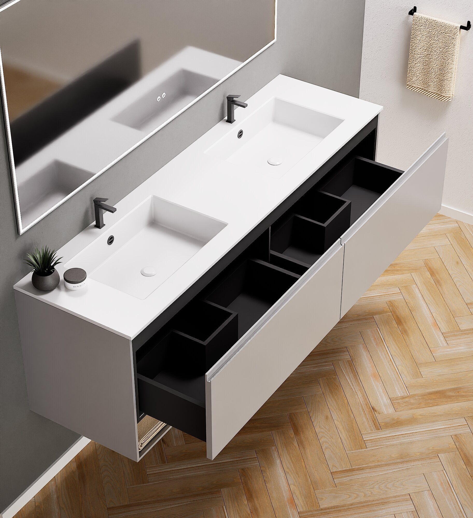ALBA – Double Corian® Basin Unit with 2 Aligned Drawers and buttom Shelves - ROVALUX