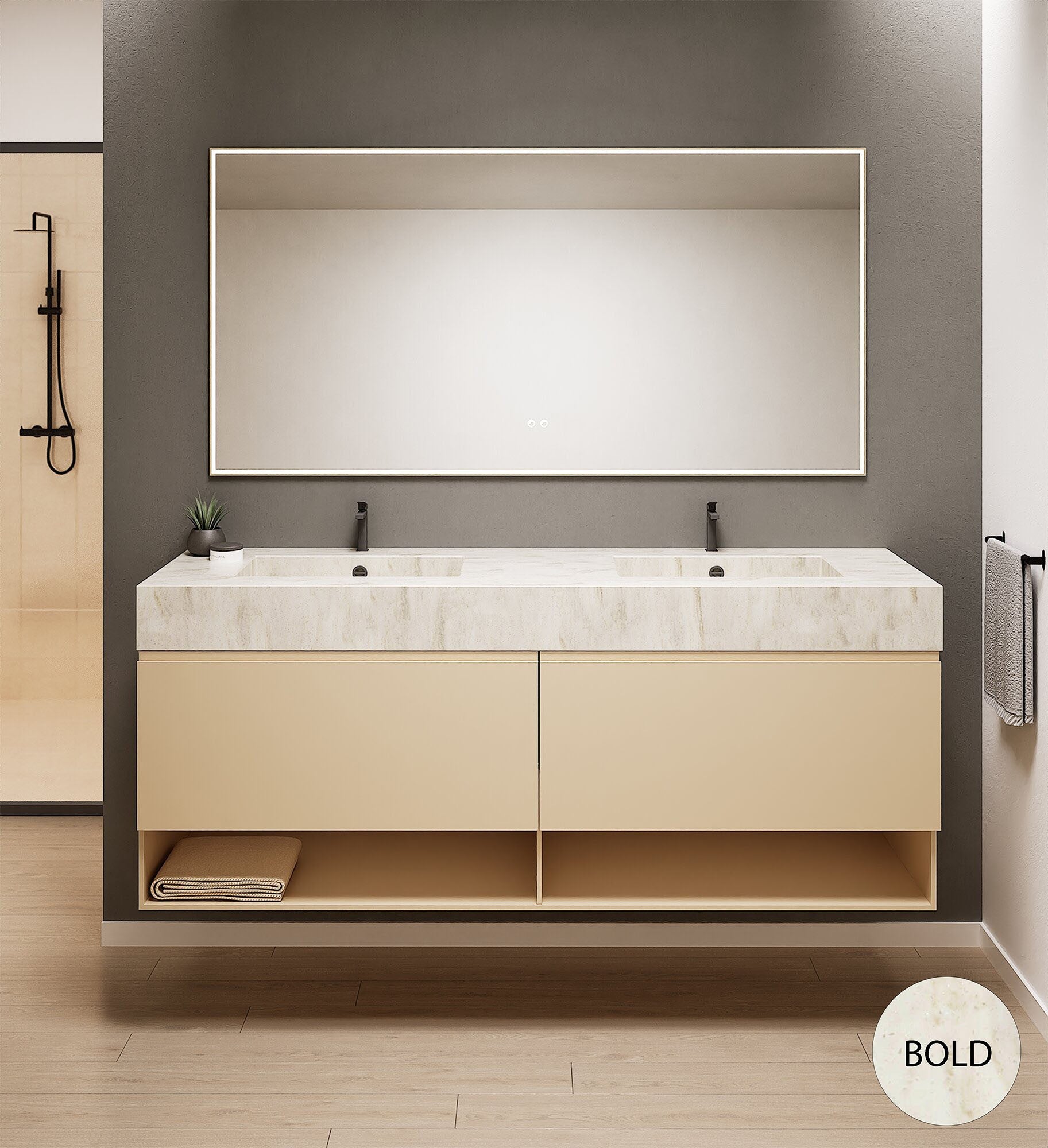 ALBA – Double Corian® Basin Unit with 2 Aligned Drawers and buttom Shelves - ROVALUX