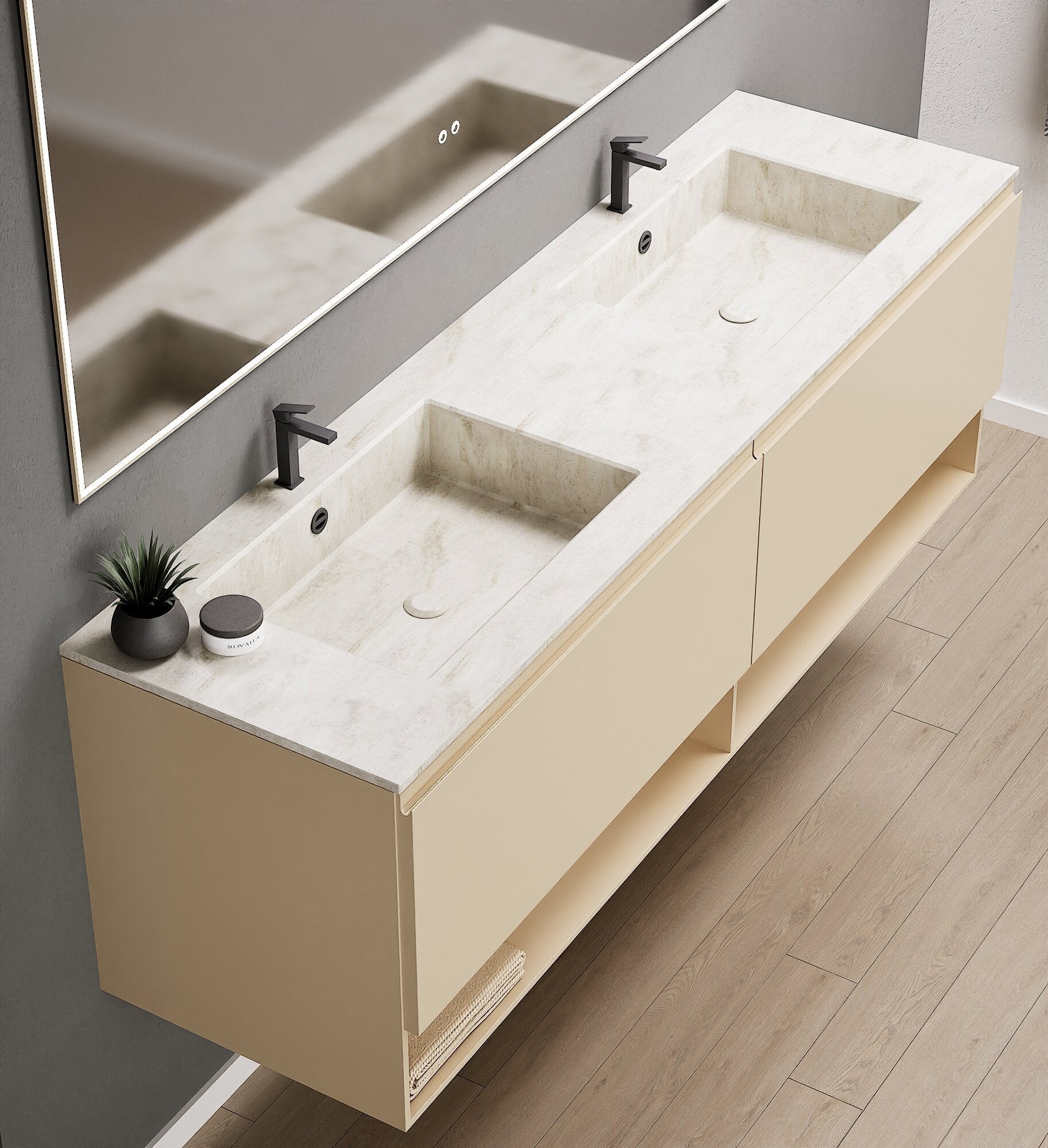 ALBA – Double Corian® Basin Unit with 2 Aligned Drawers and buttom Shelves - ROVALUX