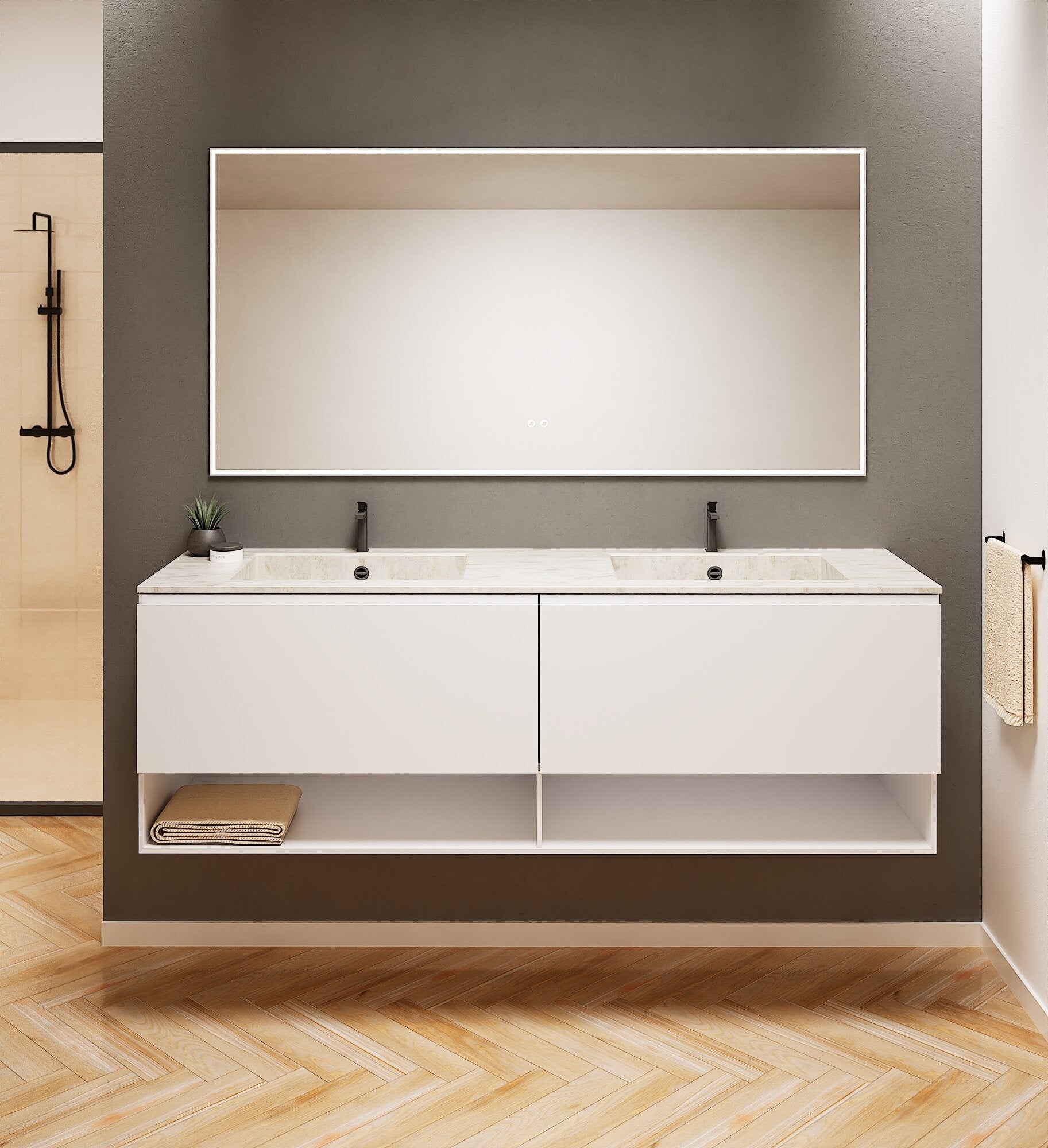 ALBA – Double Corian® Basin Unit with 2 Aligned Drawers and buttom Shelves - ROVALUX
