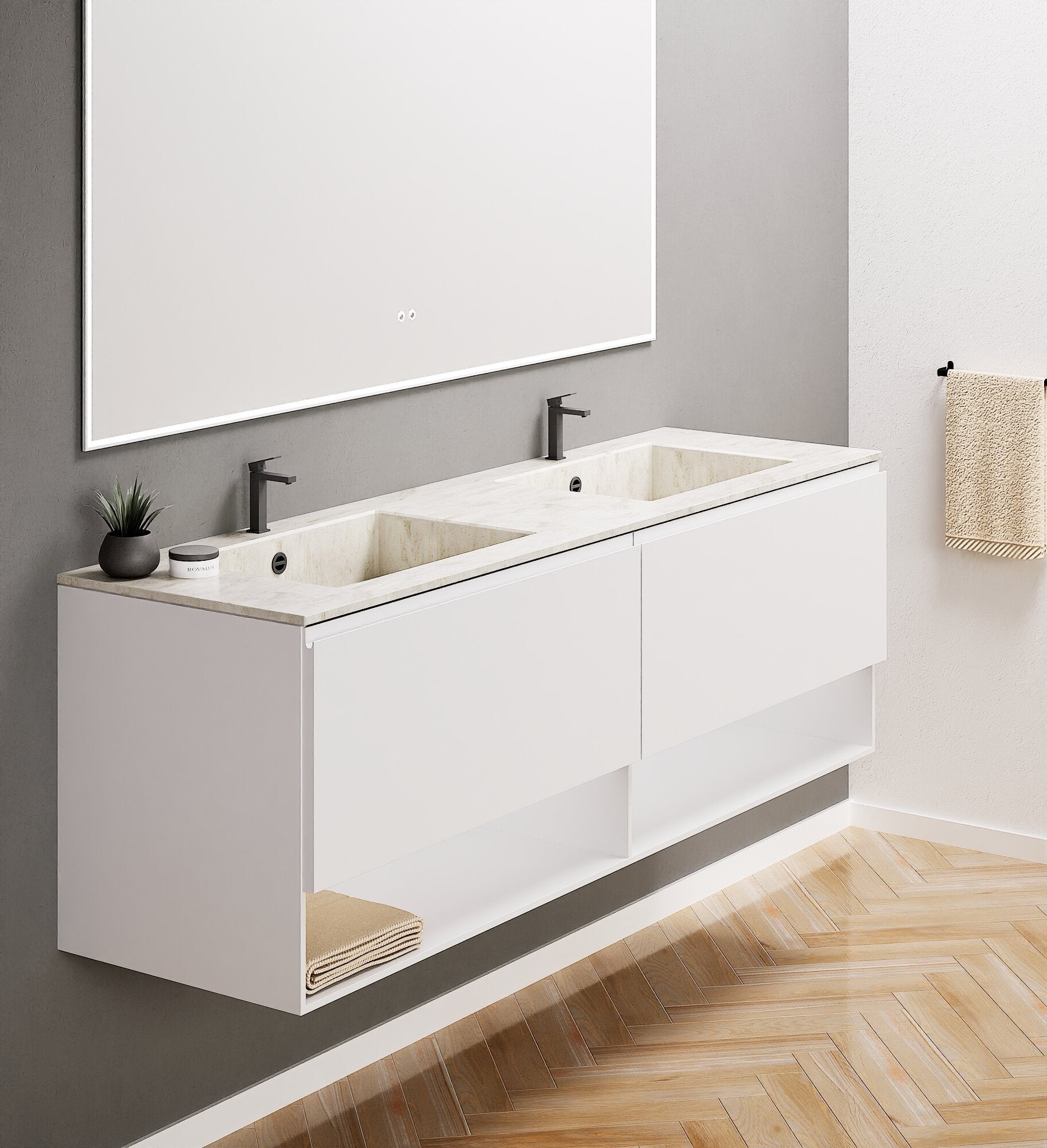 ALBA – Double Corian® Basin Unit with 2 Aligned Drawers and buttom Shelves - ROVALUX