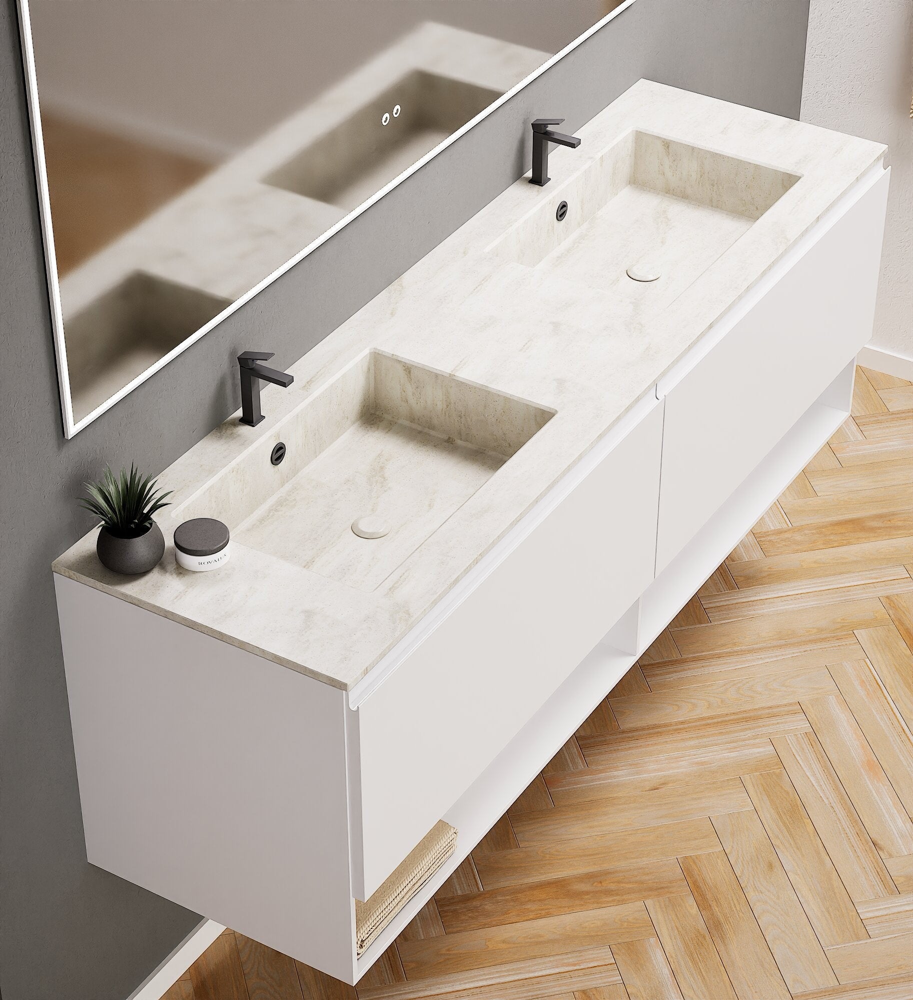 ALBA – Double Corian® Basin Unit with 2 Aligned Drawers and buttom Shelves - ROVALUX