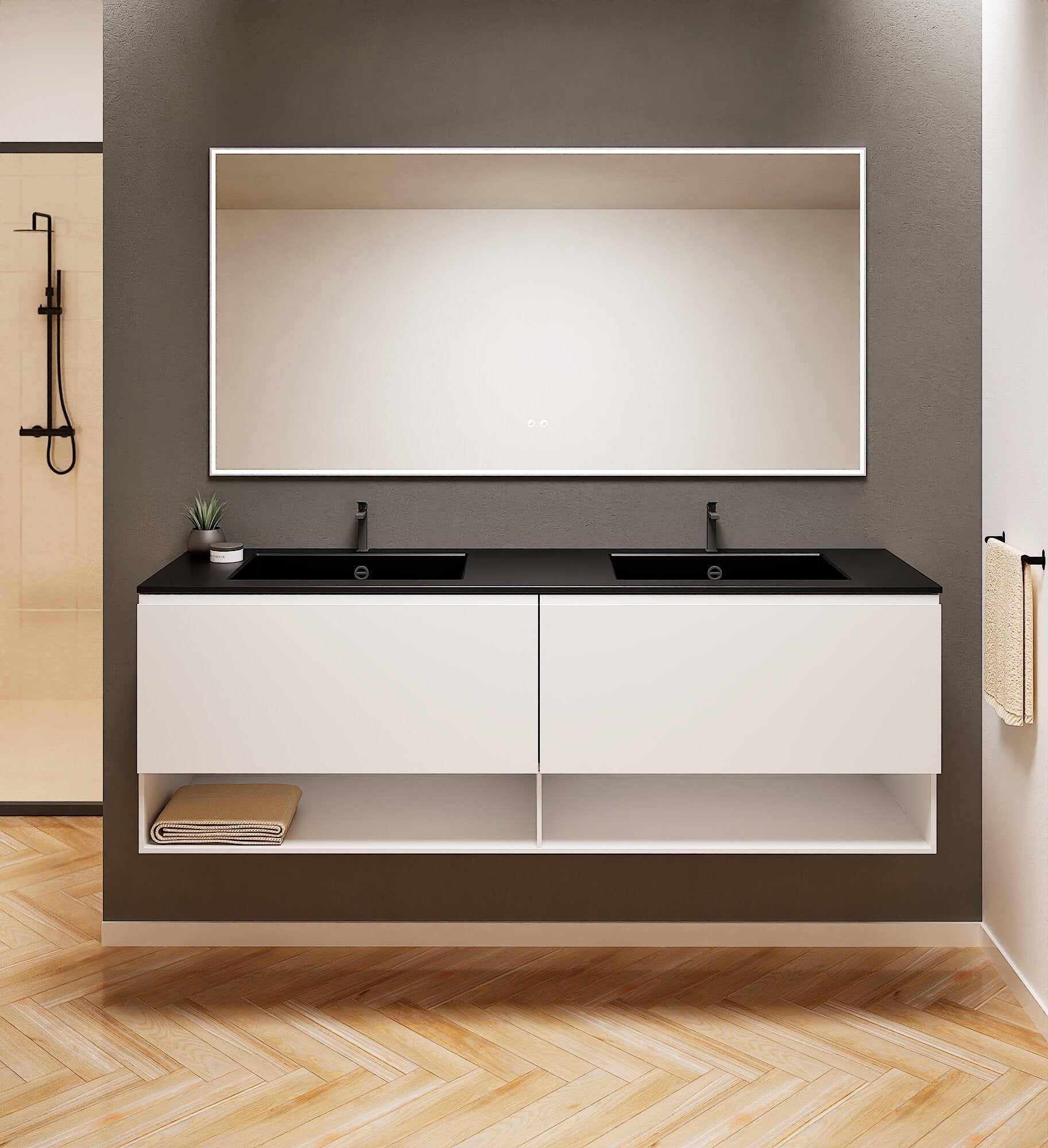ALBA – Double Corian® Basin Unit with 2 Aligned Drawers and buttom Shelves - ROVALUX