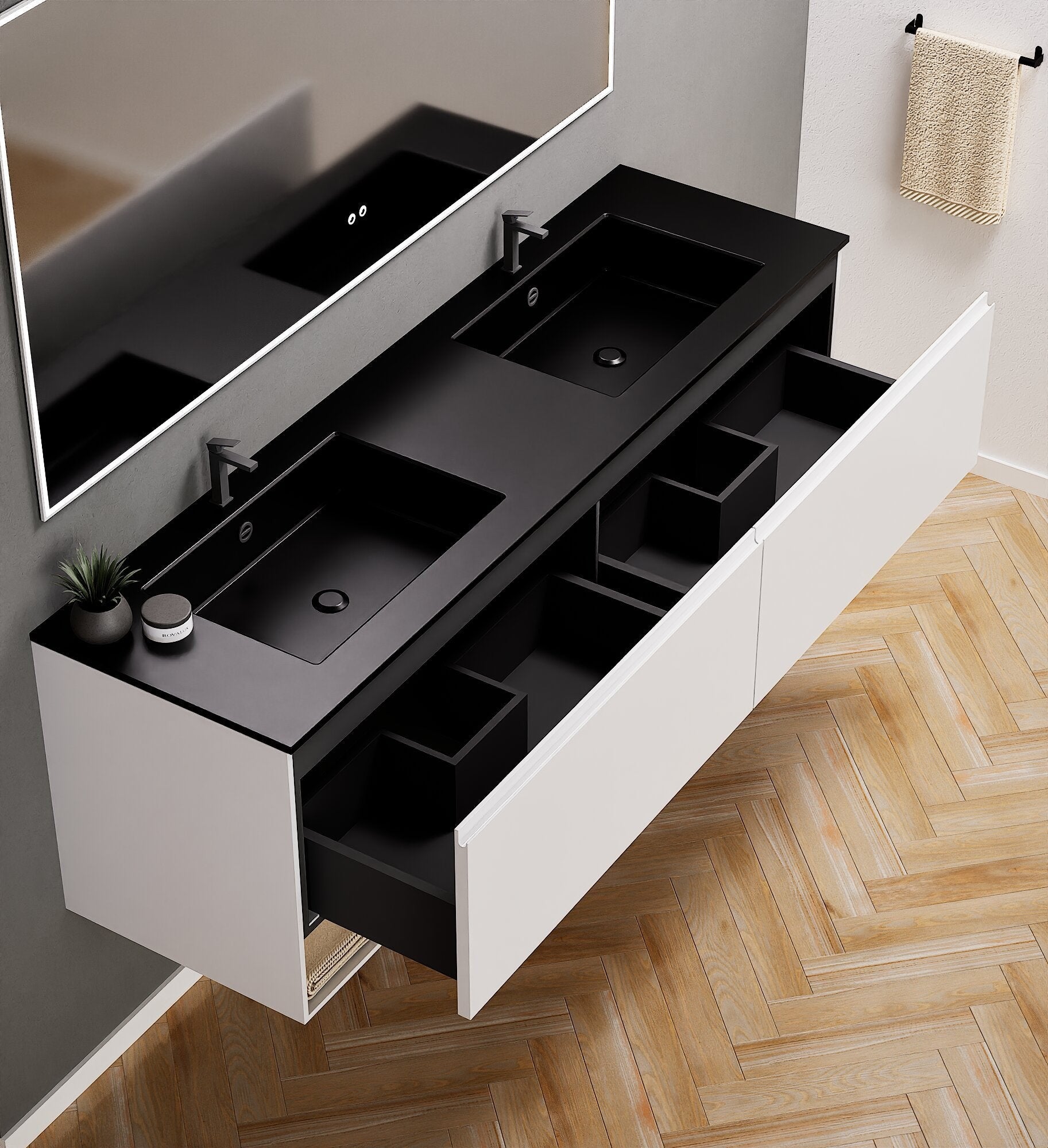 ALBA – Double Corian® Basin Unit with 2 Aligned Drawers and buttom Shelves - ROVALUX